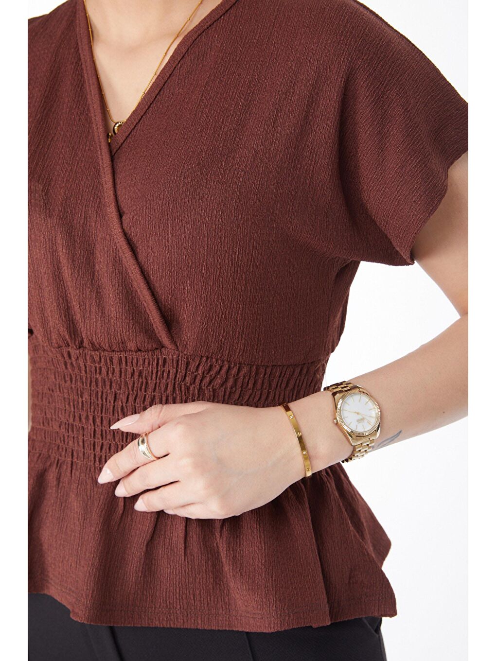 Kruvaze Yaka Kadın Kahverengi Kısa Kollu Bluz - 24662-5