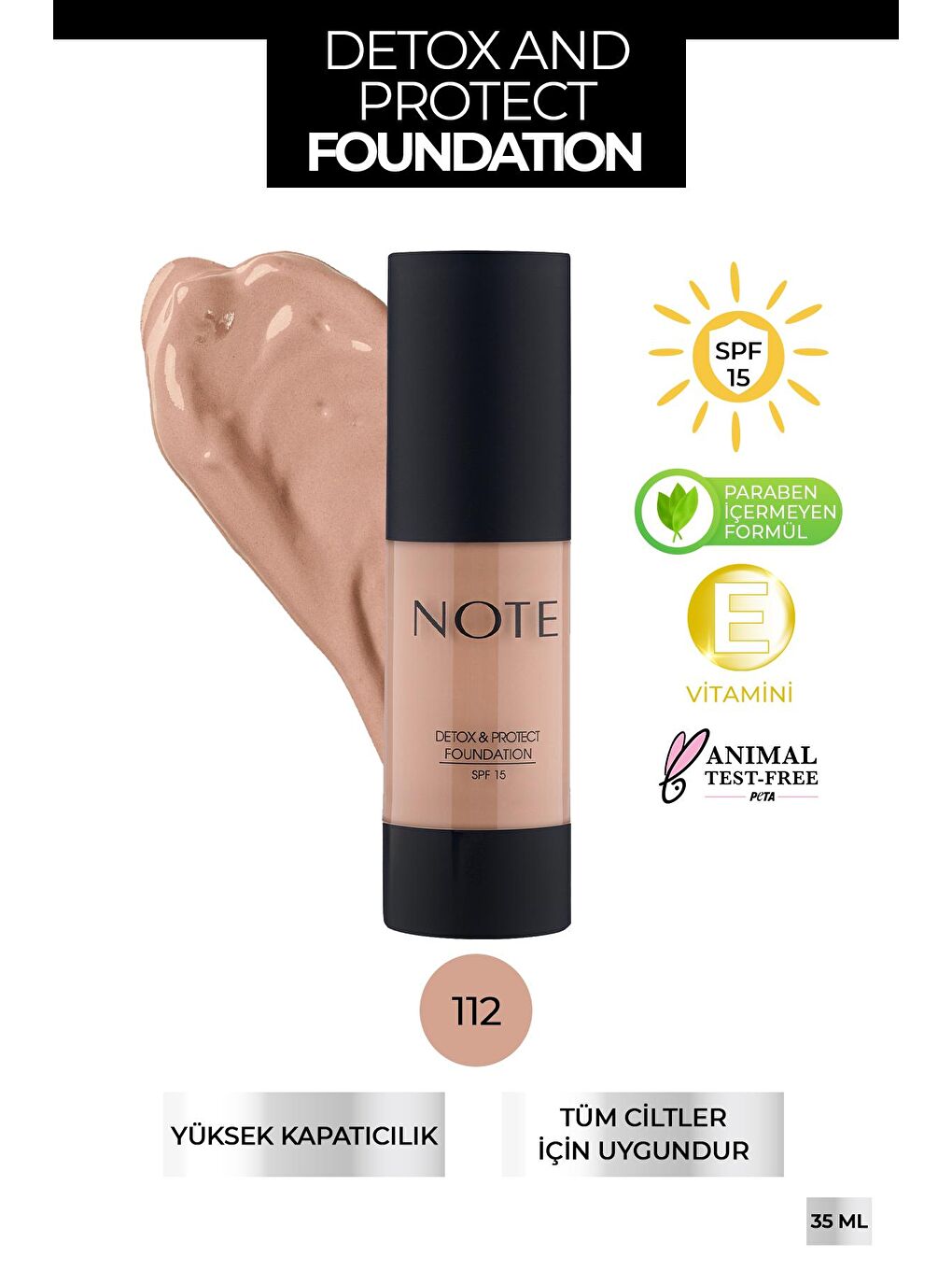 Note Cosmetique Bej Detox & Protect Canlandırıcı Etkili SPF 15 Kapatıcı Fondöten 112