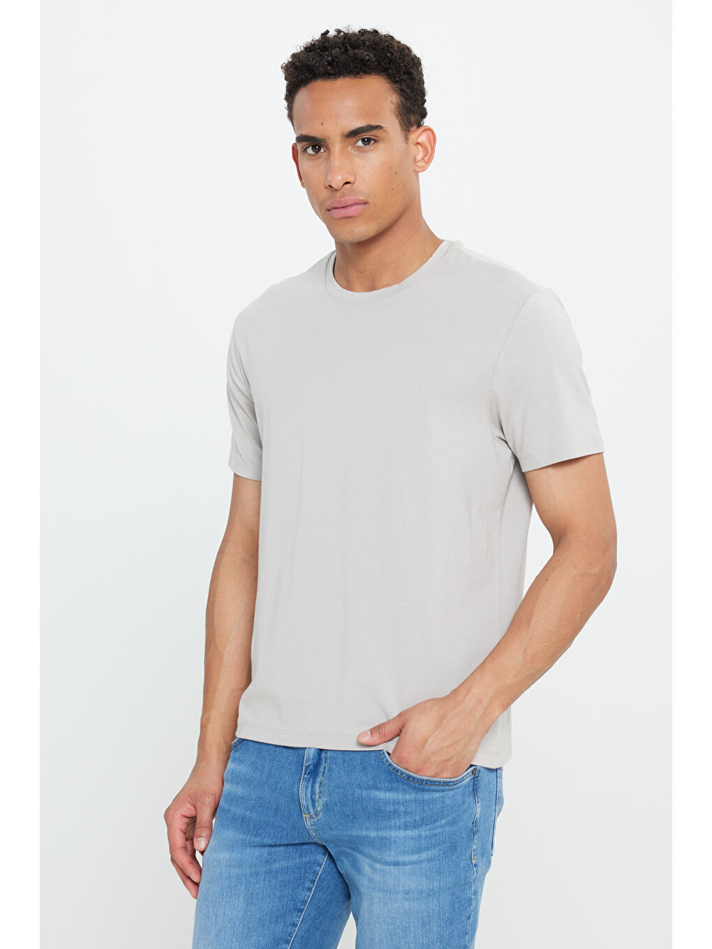 Erkek Bej Standart Fit Normal Kesim Bisiklet Yaka Pamuklu Tişört-2