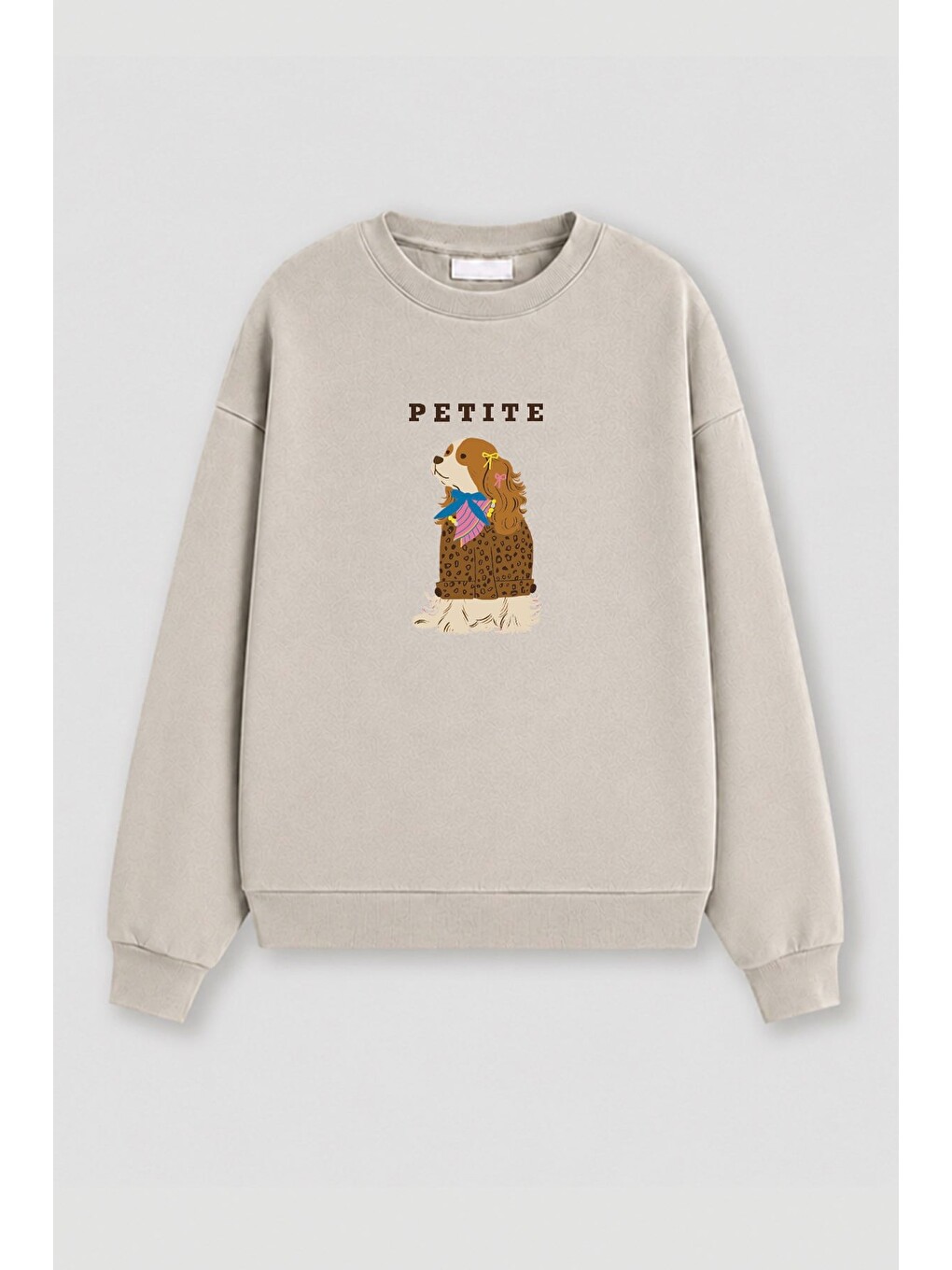 Bej Kadın Premium Kumaş 3 İplik Şardonlu Köpek Baskılı Sweatshirt-1