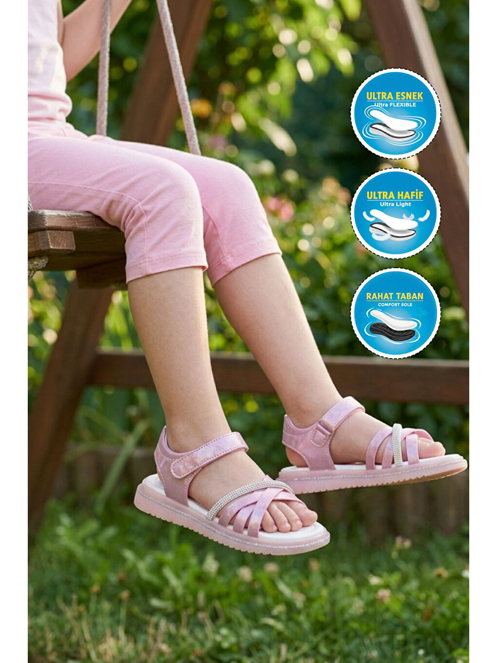 Pembe Yumuşak Taban Hafif Cırtlı Kız Çocuk Sandalet Maya F-2