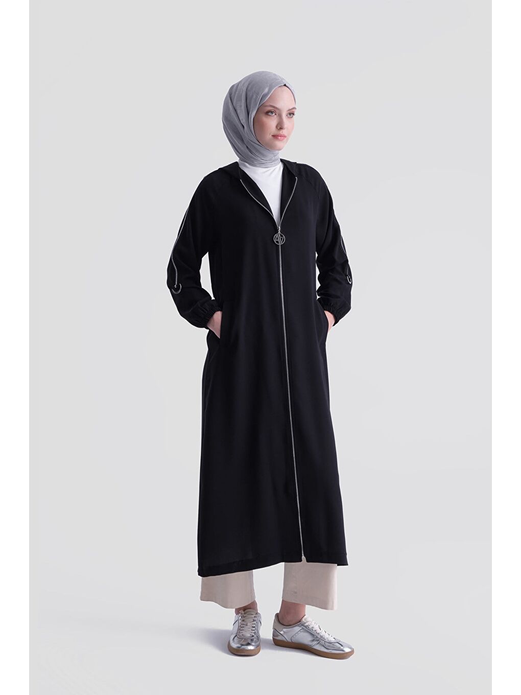 Simli Şeritli Pardesü Siyah-1