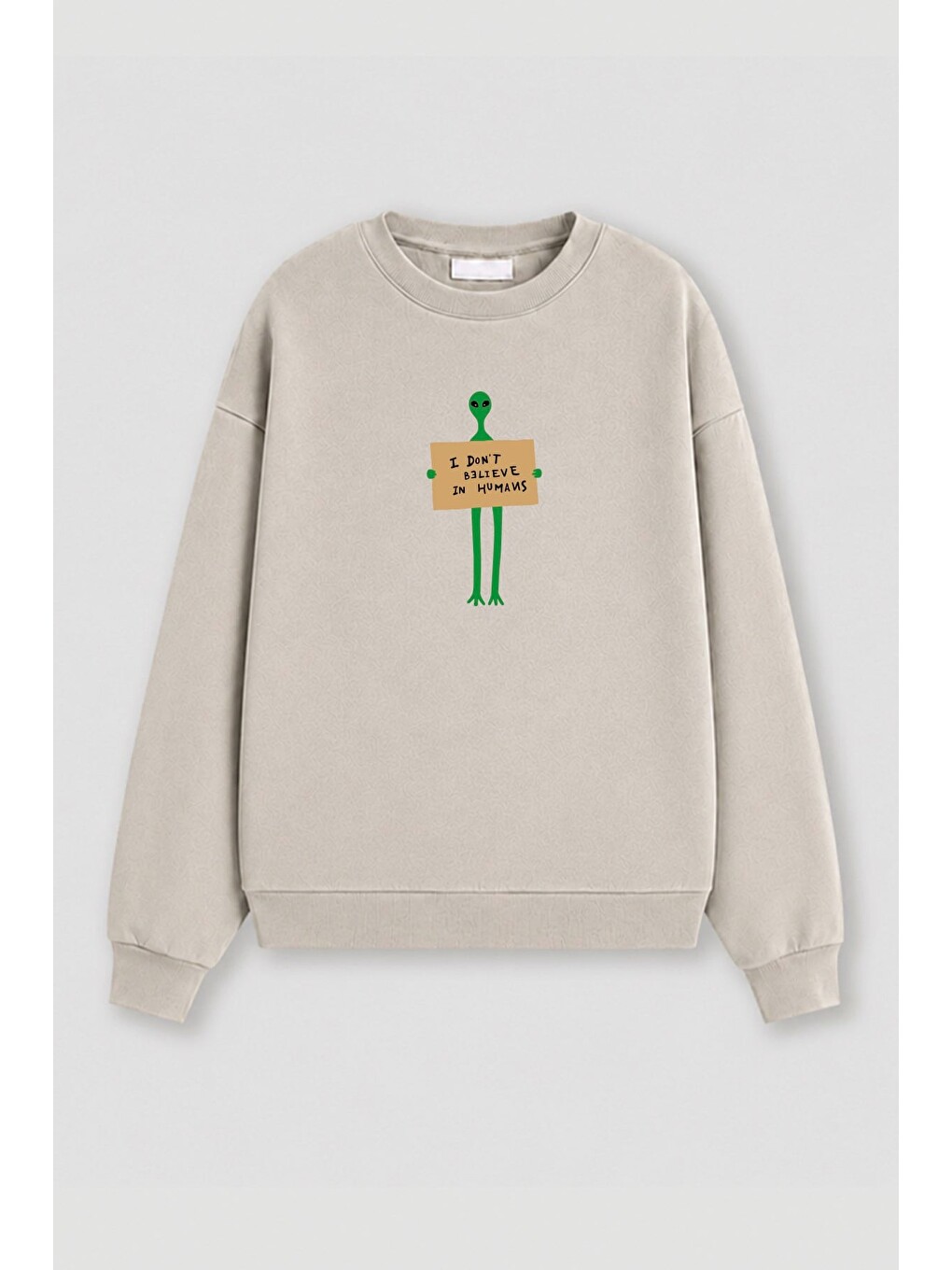 Bej Kadın Premium Kumaş 3 İplik Şardonlu Uzaylı Baskılı Sweatshirt