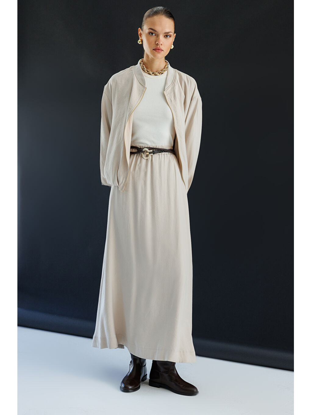 Bej Modal Karışımlı Taş Rengi Beli Lastikli Maksi Etek