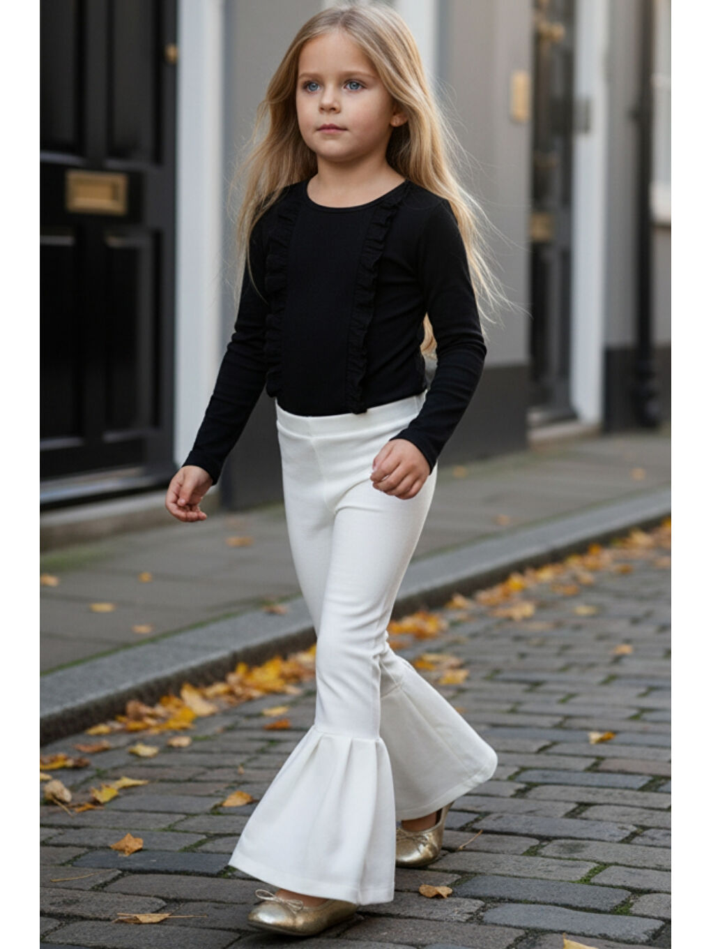 Ekru Kız Çocuk Krem Ispanyol Paça Yüksek Bel Lastikli Tayt Pantolon