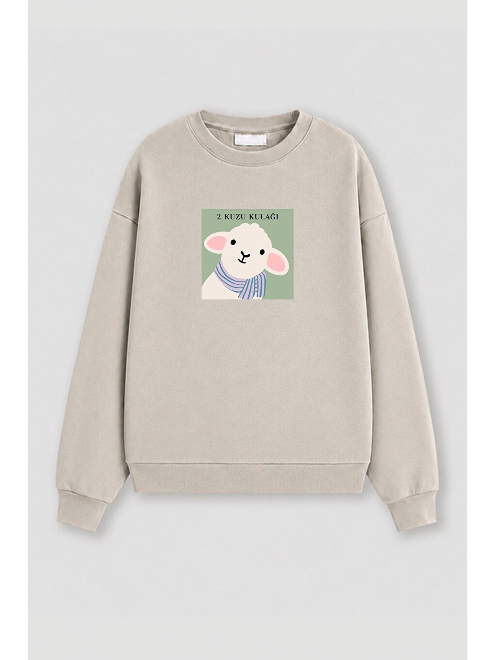 Bej Kadın Premium Kumaş 3 İplik Şardonlu Kuzu Kulağı Baskılı Sweatshirt