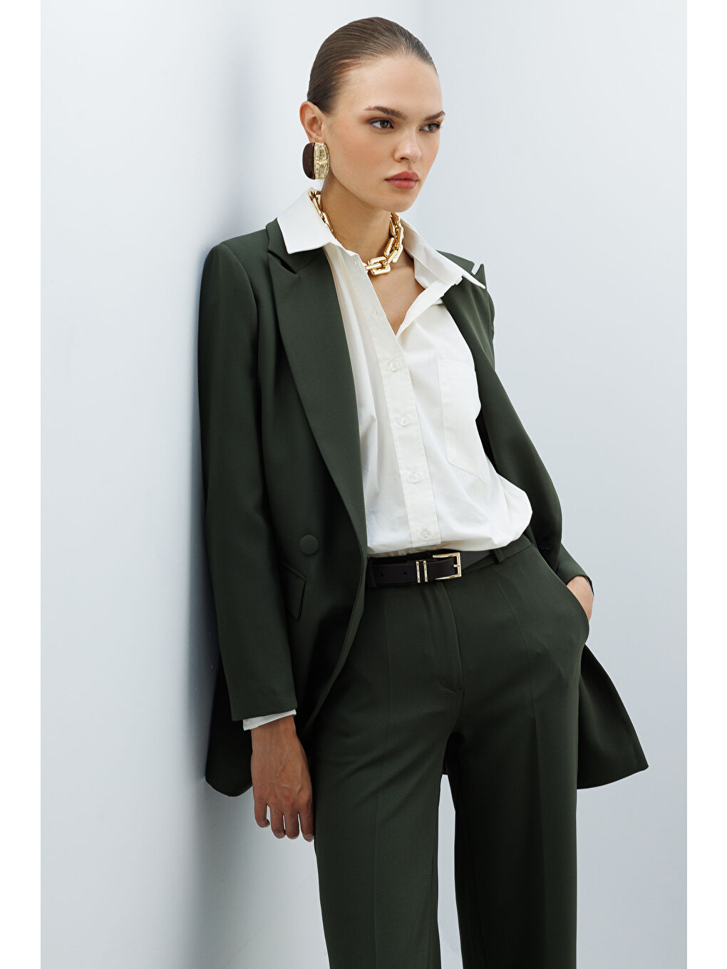 Oversize Haki Kruvaze Blazer Ceket-3