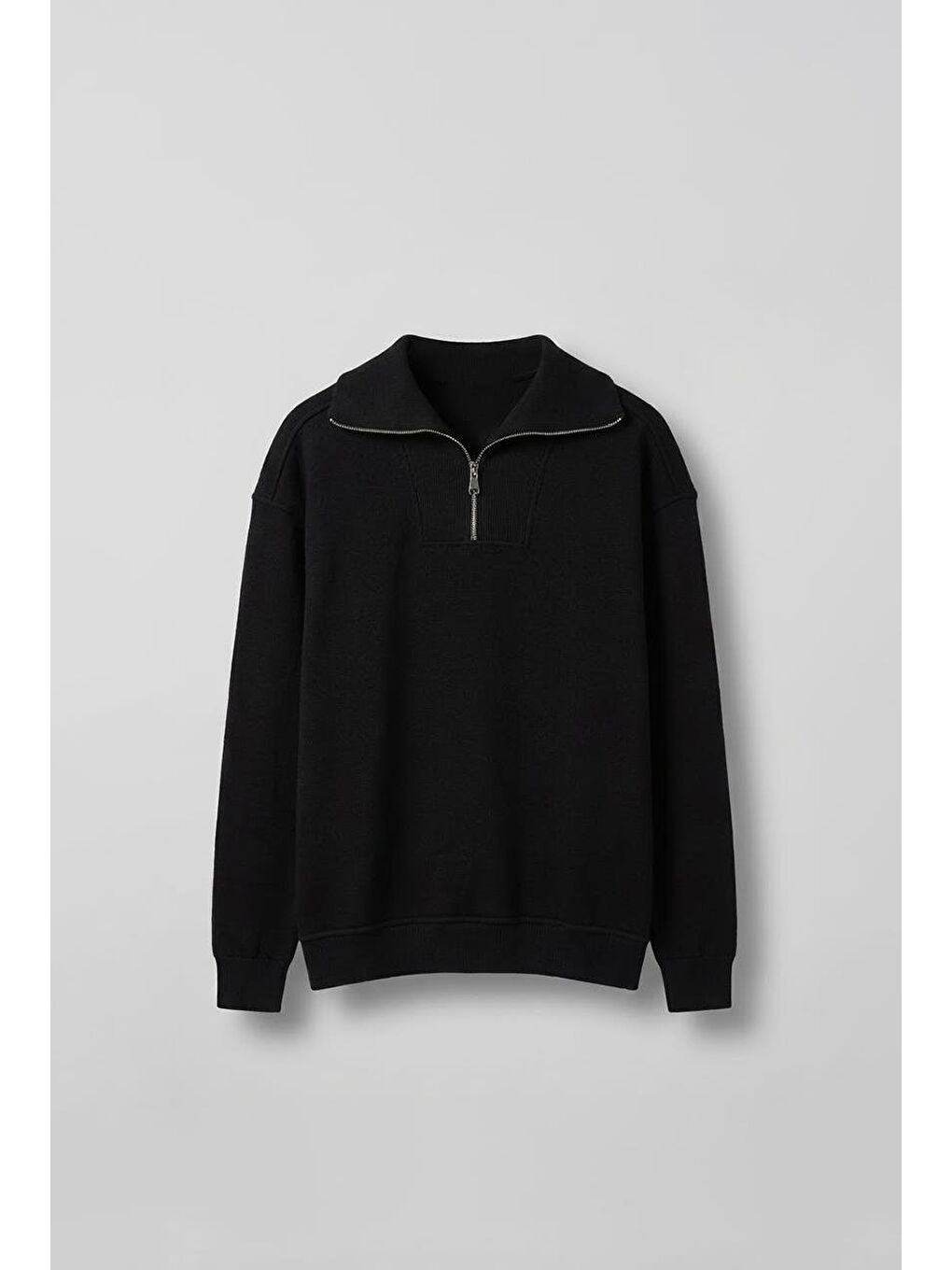 Erkek Oversize Dik Yaka Yarım Fermuarlı Sweatshirt Siyah
