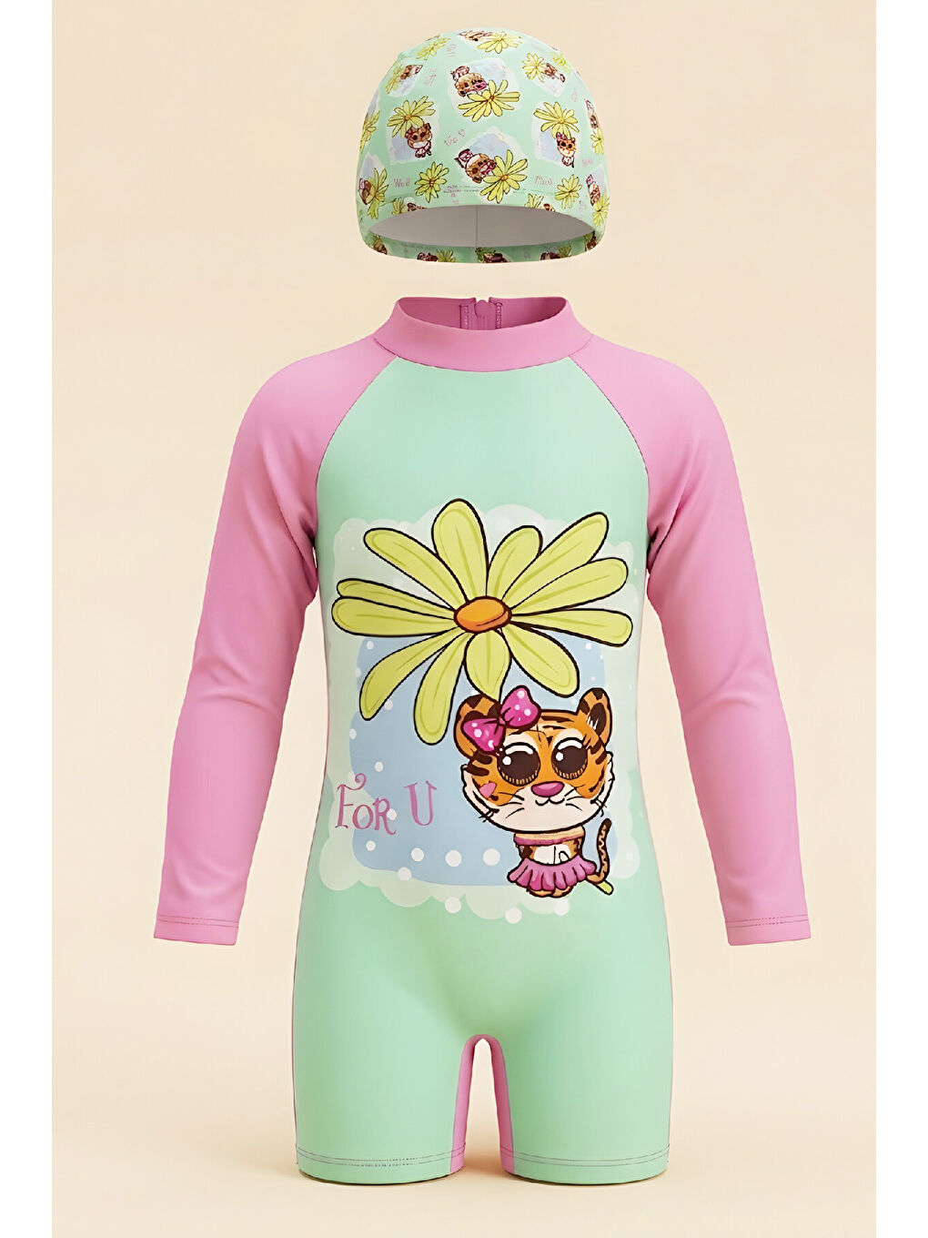 Yeşil Kız Çocuk Mayo Takımı-Uzun Kollu Yüzücü Mayo ve Bone 3-12 Yaş 12634N-1