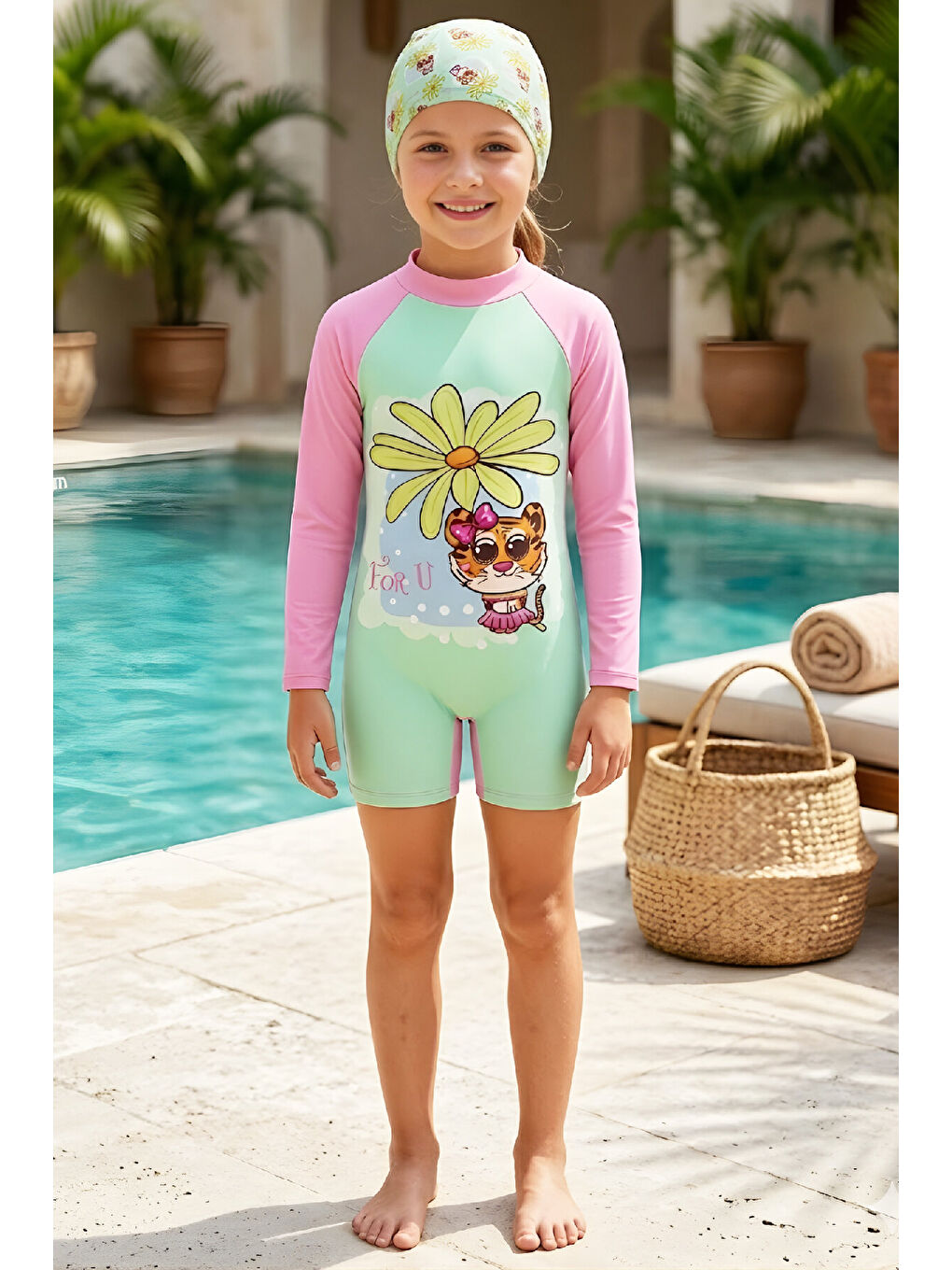 Yeşil Kız Çocuk Mayo Takımı-Uzun Kollu Yüzücü Mayo ve Bone 3-12 Yaş 12634N-2