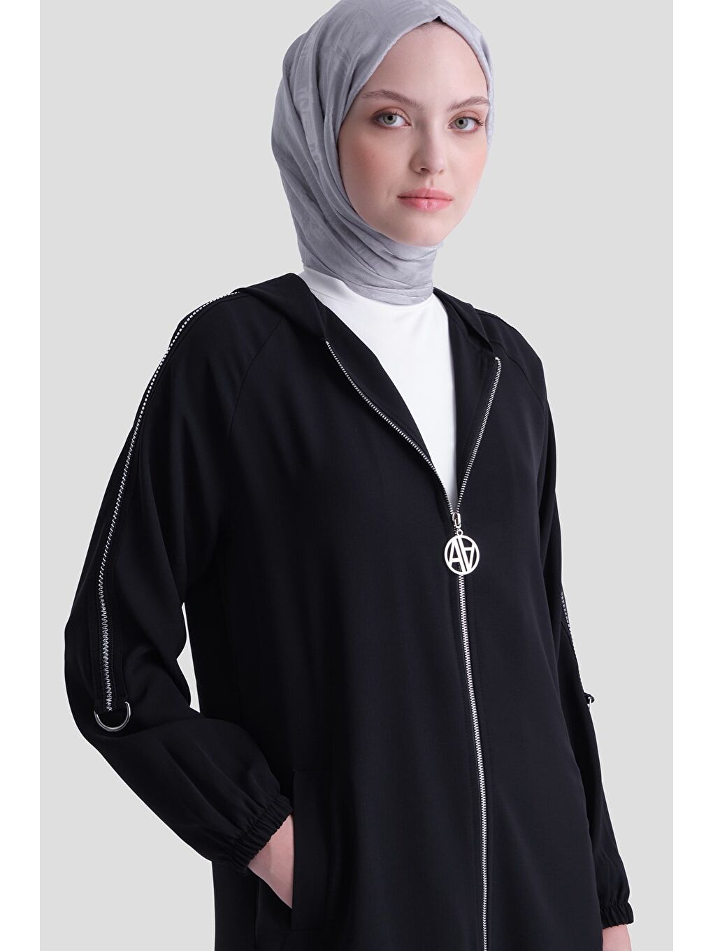 Simli Şeritli Pardesü Siyah-4