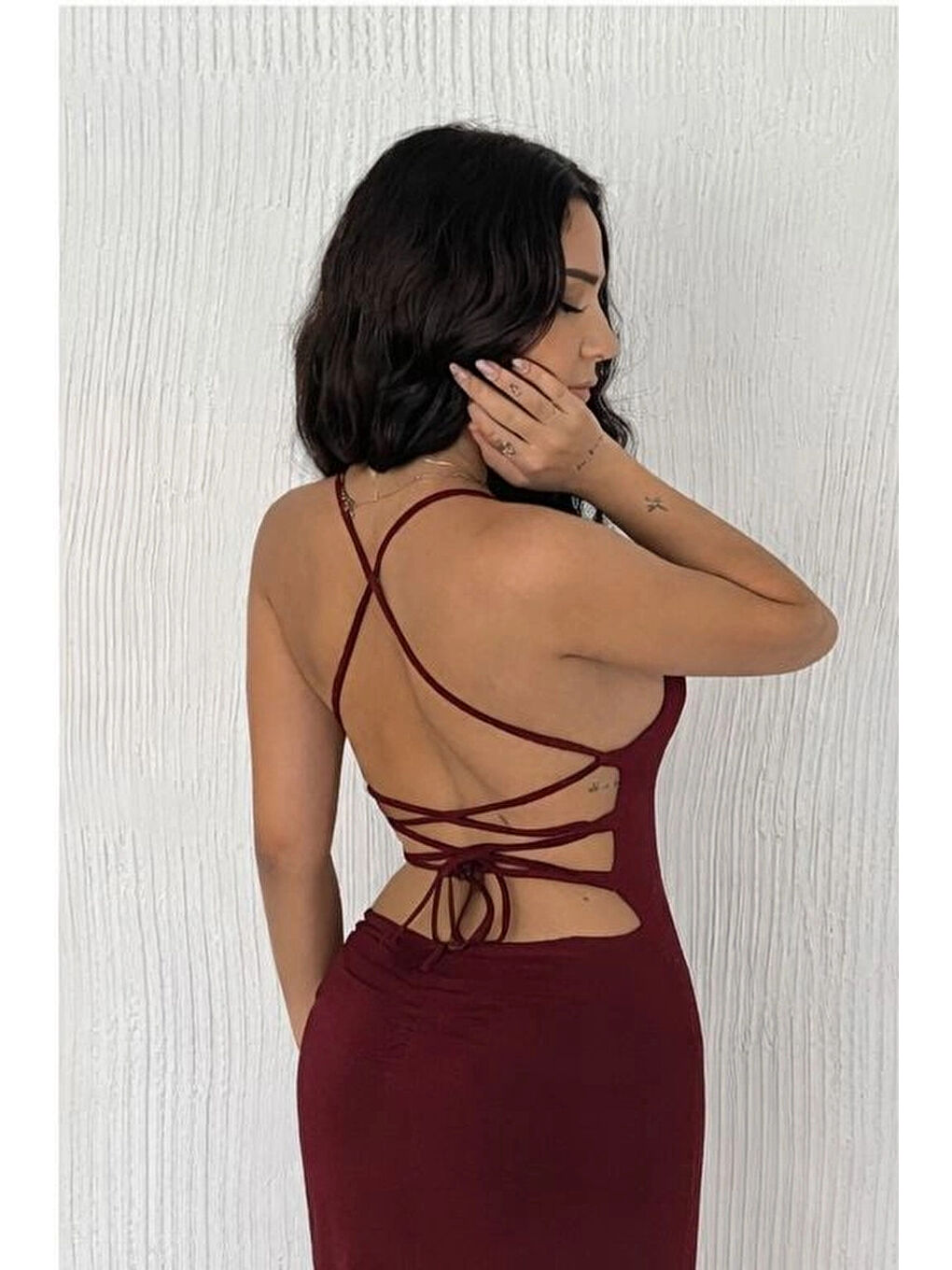 Kadın Bordo Uzun Sırt Dekolte Elbise 3708-1