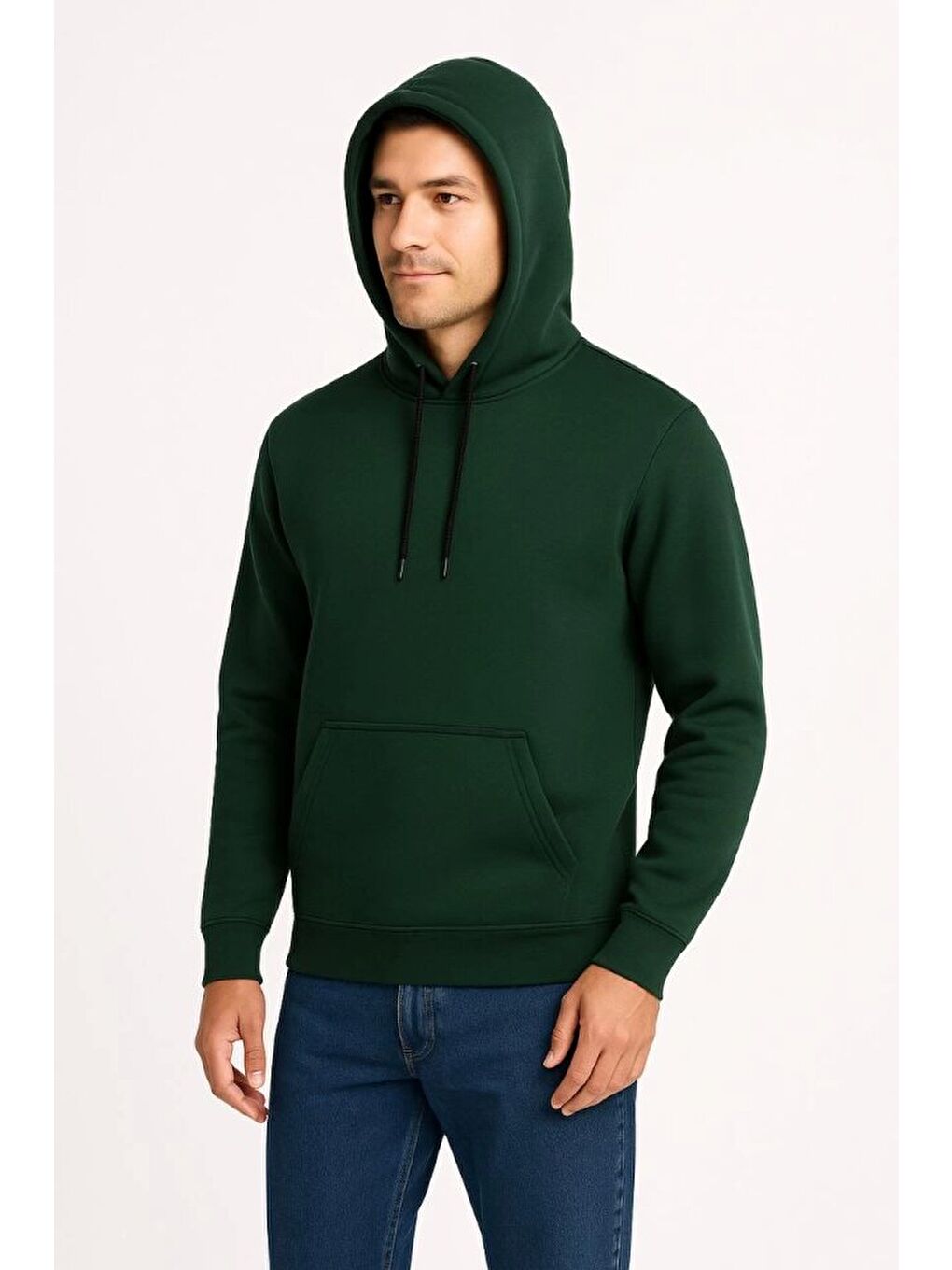 Erkek Üç İplik Kapüşonlu Kanguru Cepli SweatShirt Hoodie - Haki-2