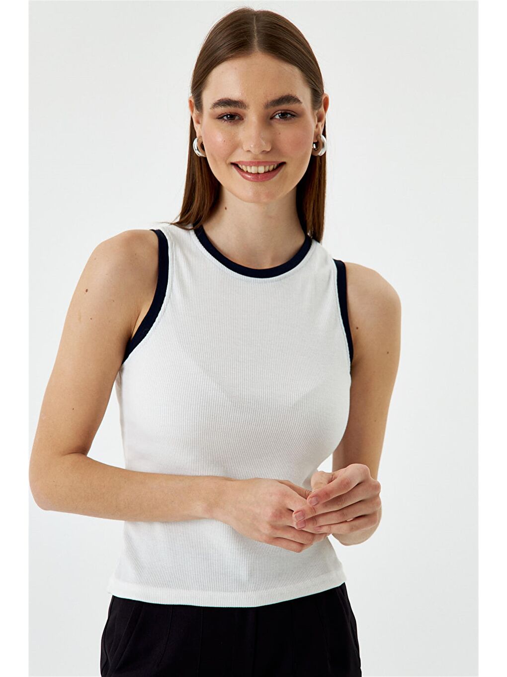 Fitilli Basic Beyaz Lacivert Kadın Atlet