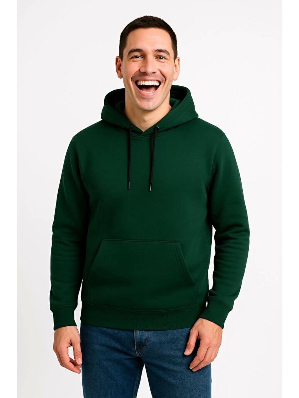 Erkek Üç İplik Kapüşonlu Kanguru Cepli SweatShirt Hoodie - Haki-3