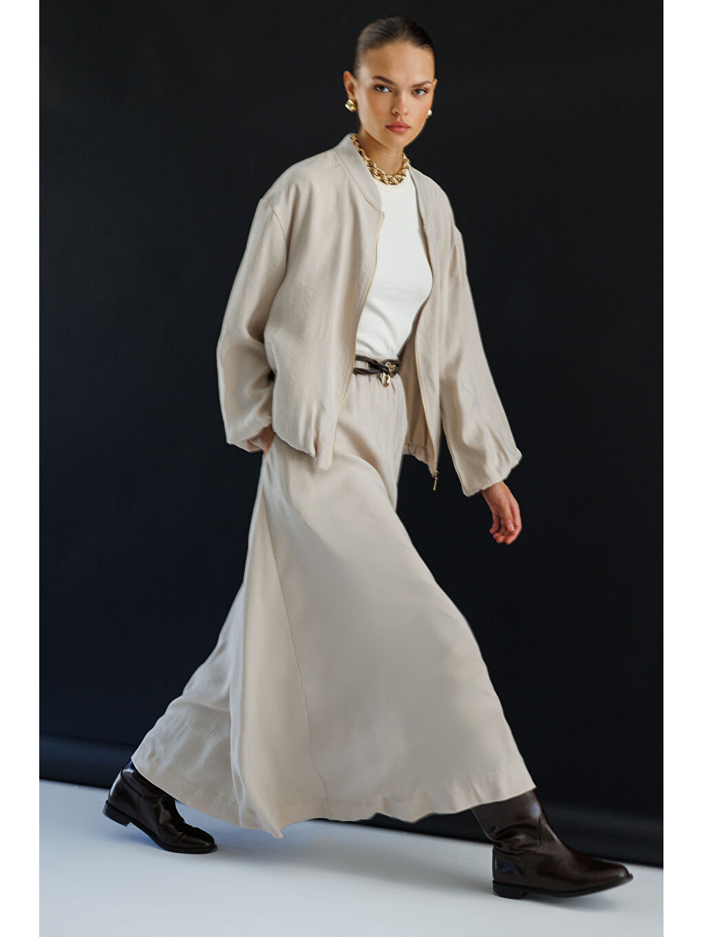 Bej Modal Karışımlı Taş Rengi Beli Lastikli Maksi Etek-1