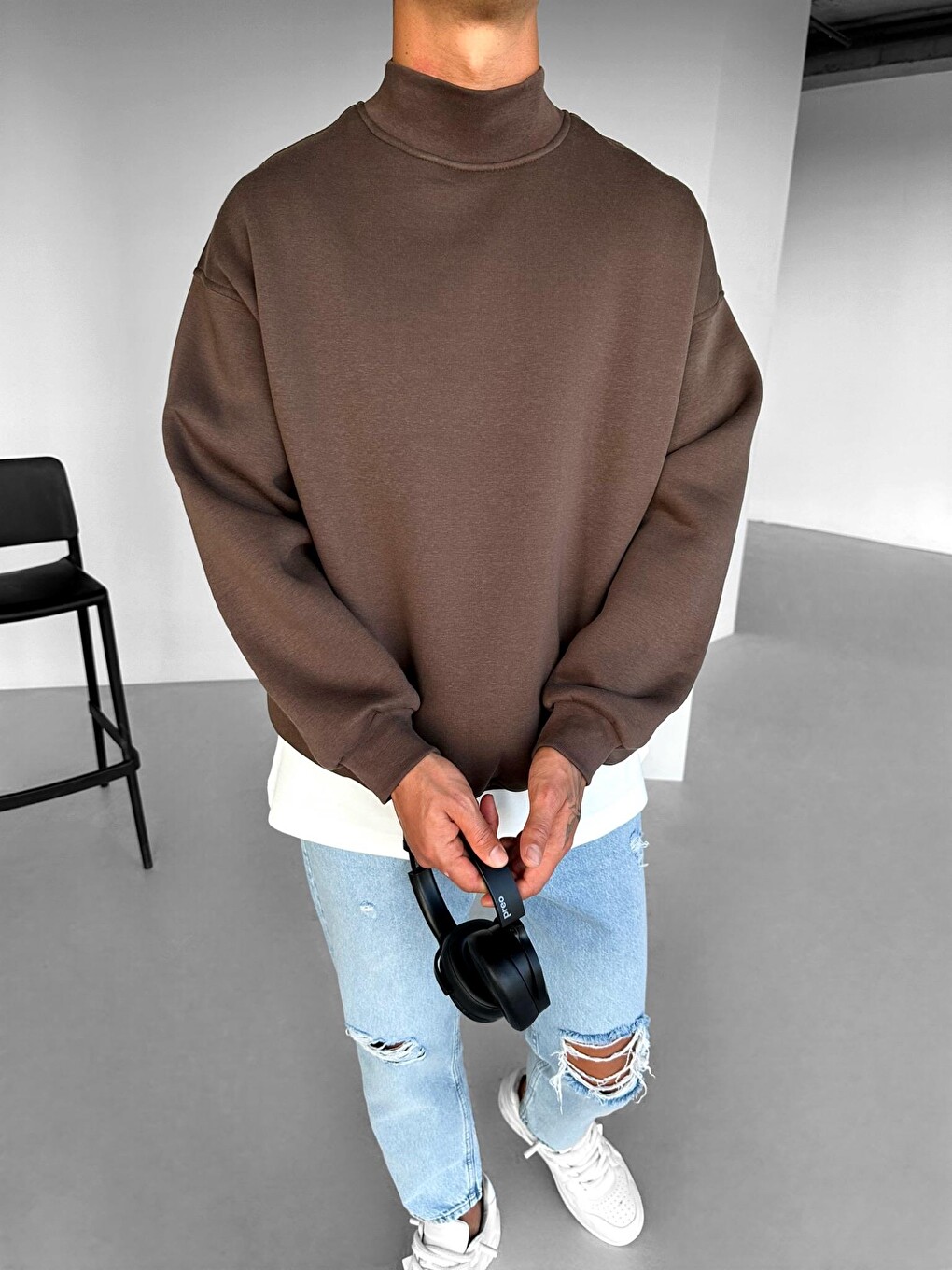 Kahverengi Erkek Rahat Kalıp Basic Uzun Kollu Sweatshirt Kahve