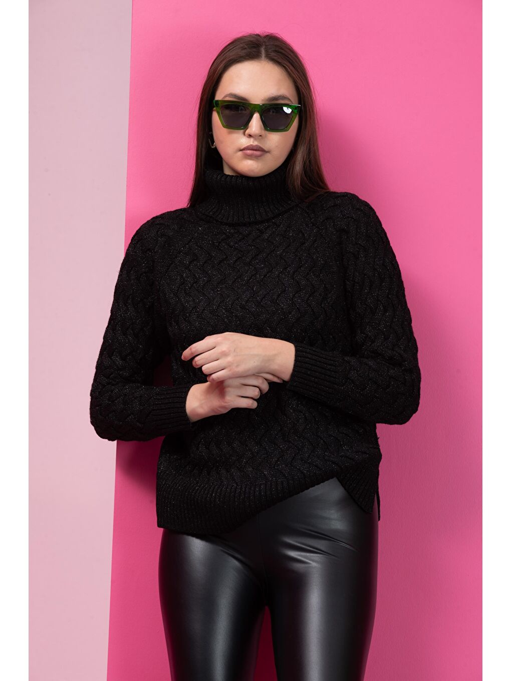 Siyah Kadın Sim Garnili Hasır Örgü Triko  Kazak