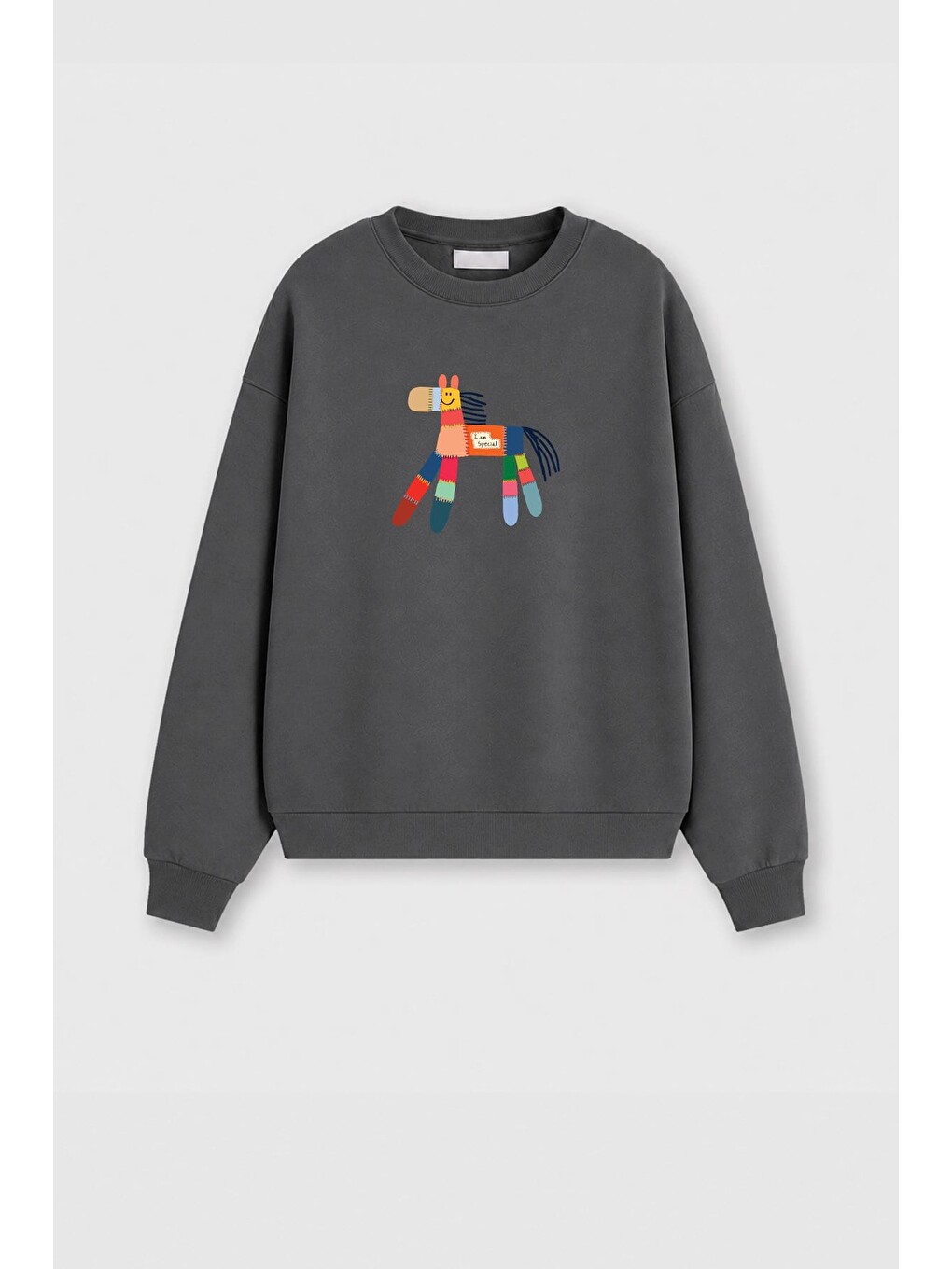Antrasit Kadın Premium Kumaş 3 İplik Şardonlu At Baskılı Sweatshirt