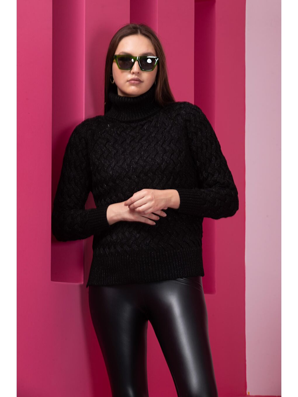 Siyah Kadın Sim Garnili Hasır Örgü Triko  Kazak-1