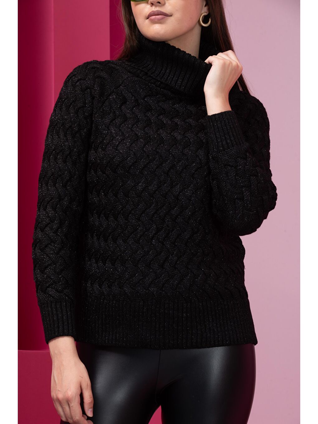 Siyah Kadın Sim Garnili Hasır Örgü Triko  Kazak-2