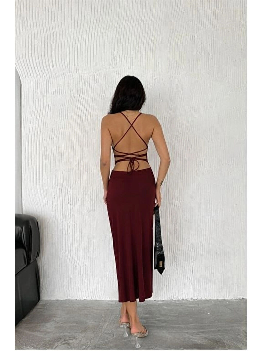 Kadın Bordo Uzun Sırt Dekolte Elbise 3708-2
