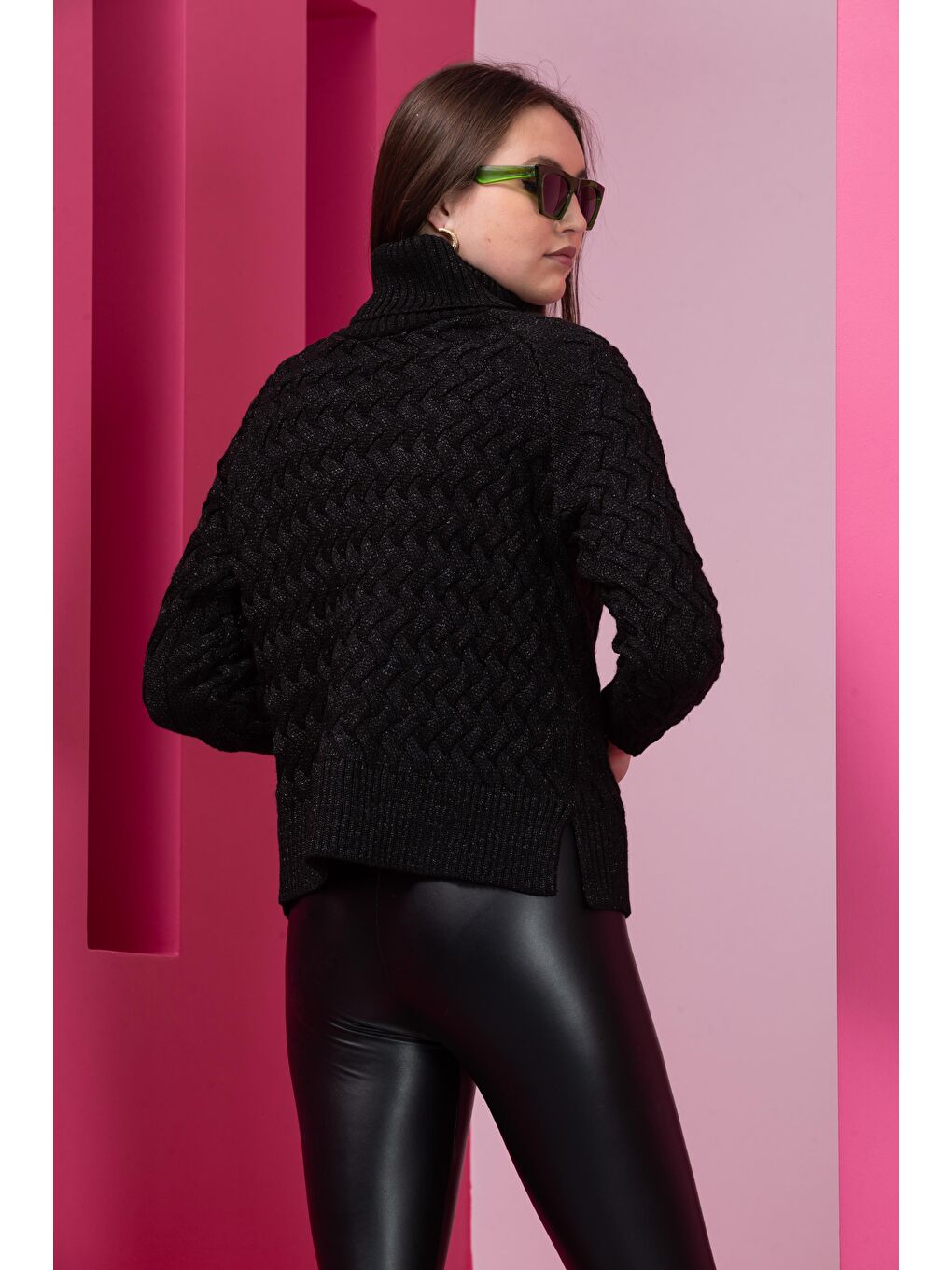 Siyah Kadın Sim Garnili Hasır Örgü Triko  Kazak-3