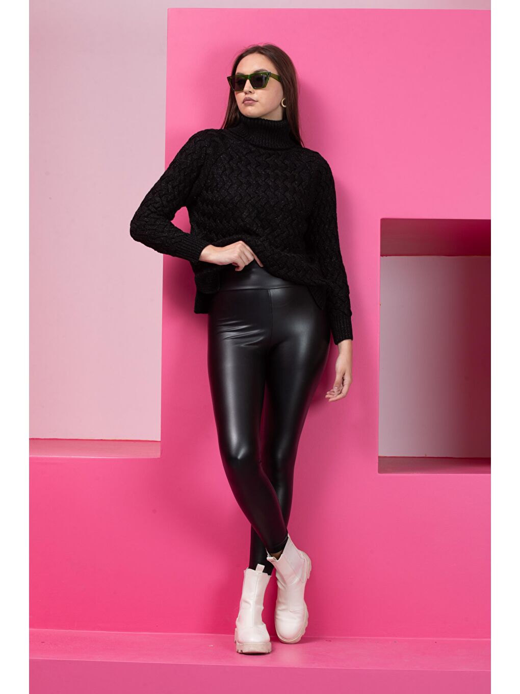 Siyah Kadın Sim Garnili Hasır Örgü Triko  Kazak-4