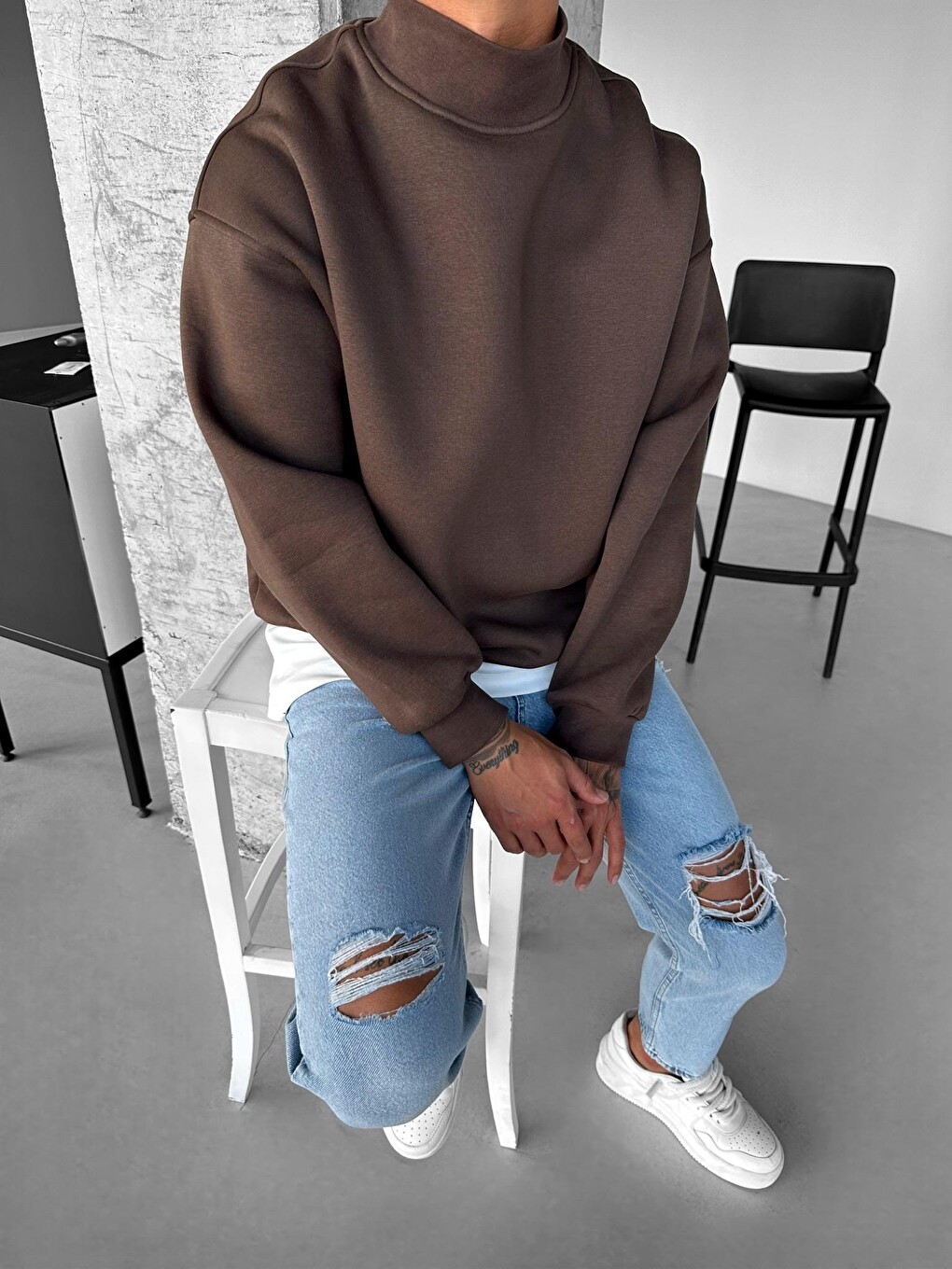Kahverengi Erkek Rahat Kalıp Basic Uzun Kollu Sweatshirt Kahve-2