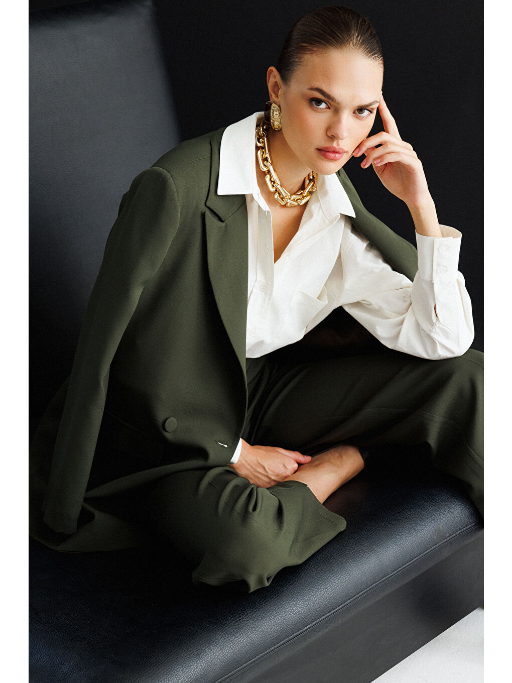 Oversize Haki Kruvaze Blazer Ceket-4