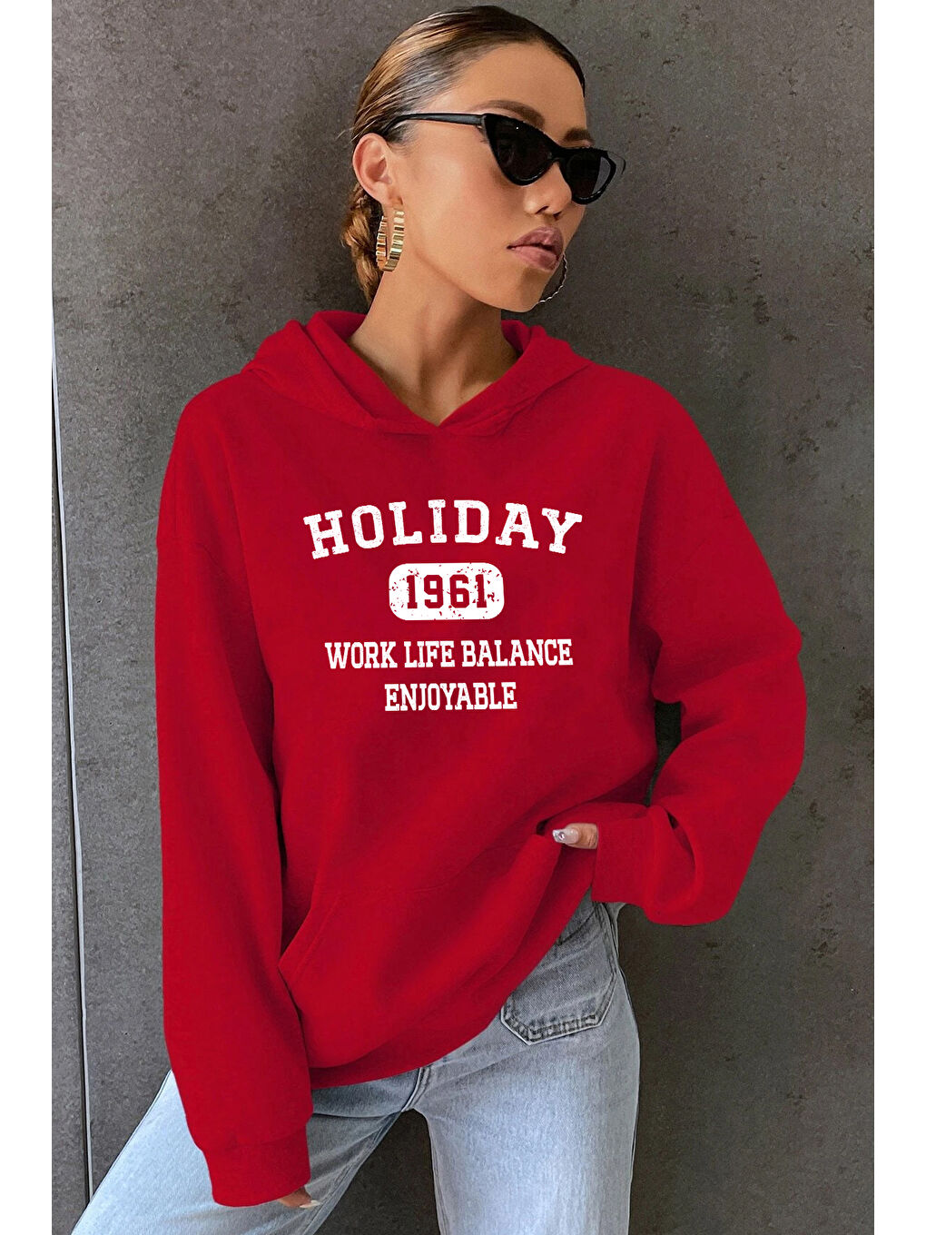 uyguntarz Kırmızı Holiday Baskılı Unisex Oversize Sweatshirt