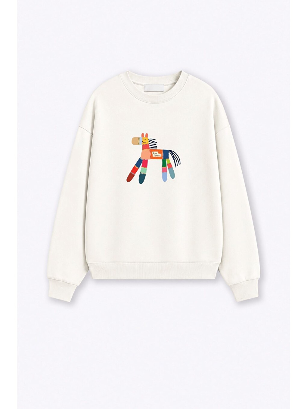 Ekru Kadın Premium Kumaş 3 İplik Şardonlu At Baskılı Sweatshirt-1