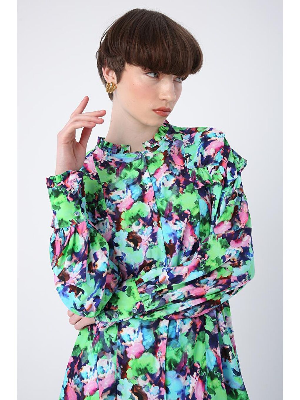 Yeşil-Pembe-Emprime Desenli Fırfırlı Detaylı Gömlek Tunik