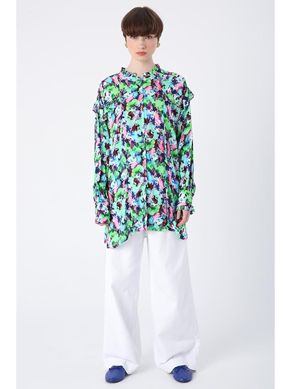 Yeşil-Pembe-Emprime Desenli Fırfırlı Detaylı Gömlek Tunik-1