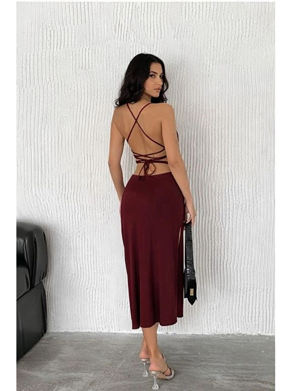 Kadın Bordo Uzun Sırt Dekolte Elbise 3708-3