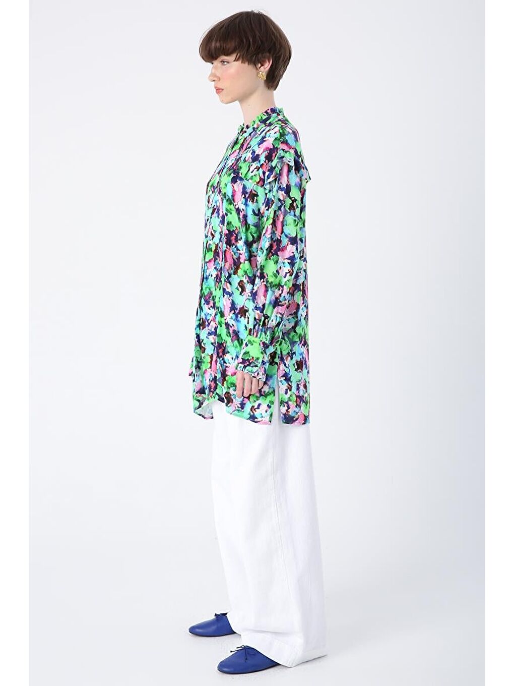 Yeşil-Pembe-Emprime Desenli Fırfırlı Detaylı Gömlek Tunik-2