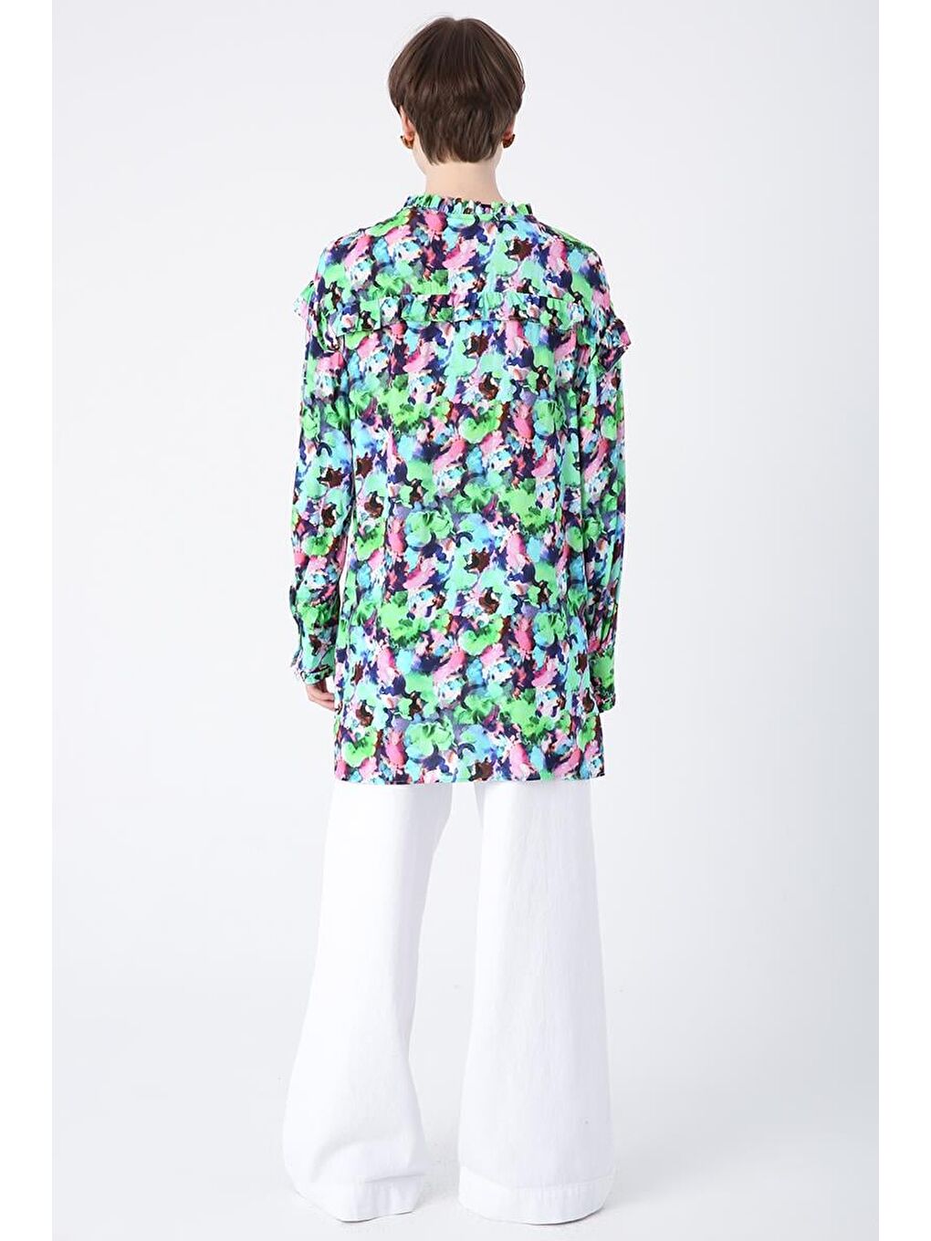 Yeşil-Pembe-Emprime Desenli Fırfırlı Detaylı Gömlek Tunik-3