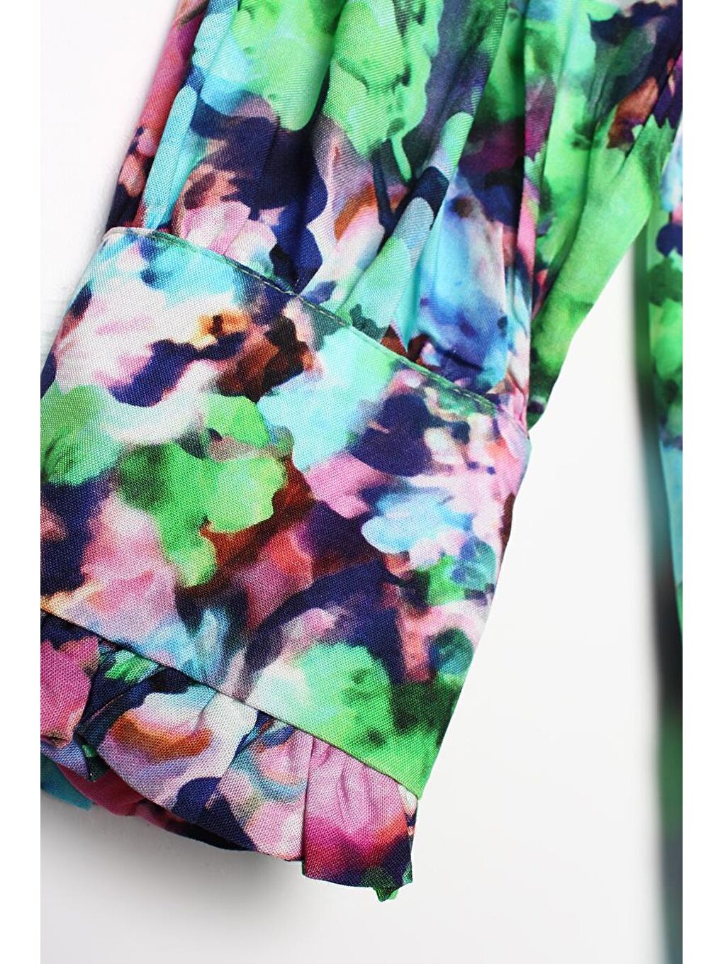 Yeşil-Pembe-Emprime Desenli Fırfırlı Detaylı Gömlek Tunik-4