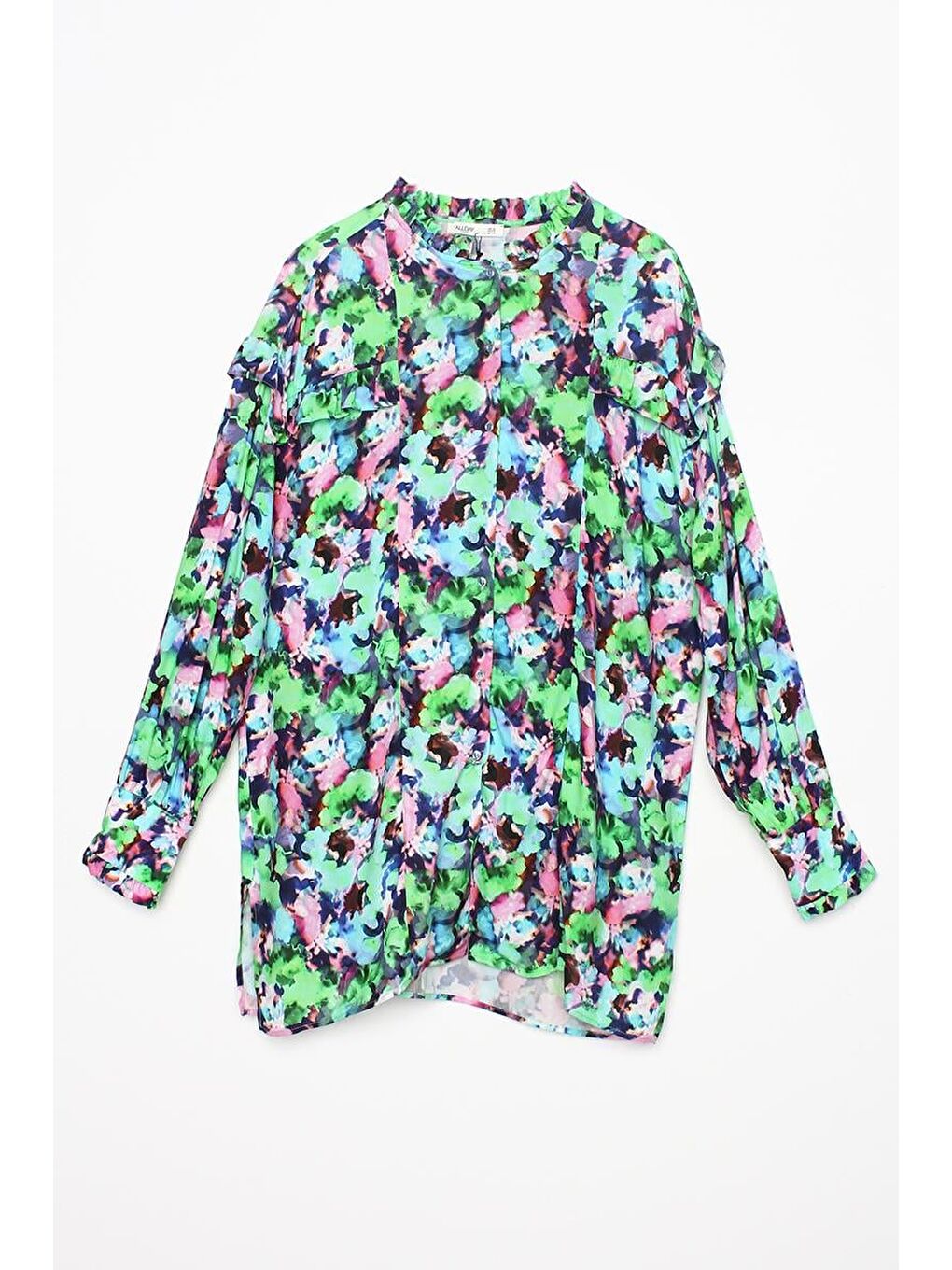 Yeşil-Pembe-Emprime Desenli Fırfırlı Detaylı Gömlek Tunik-5