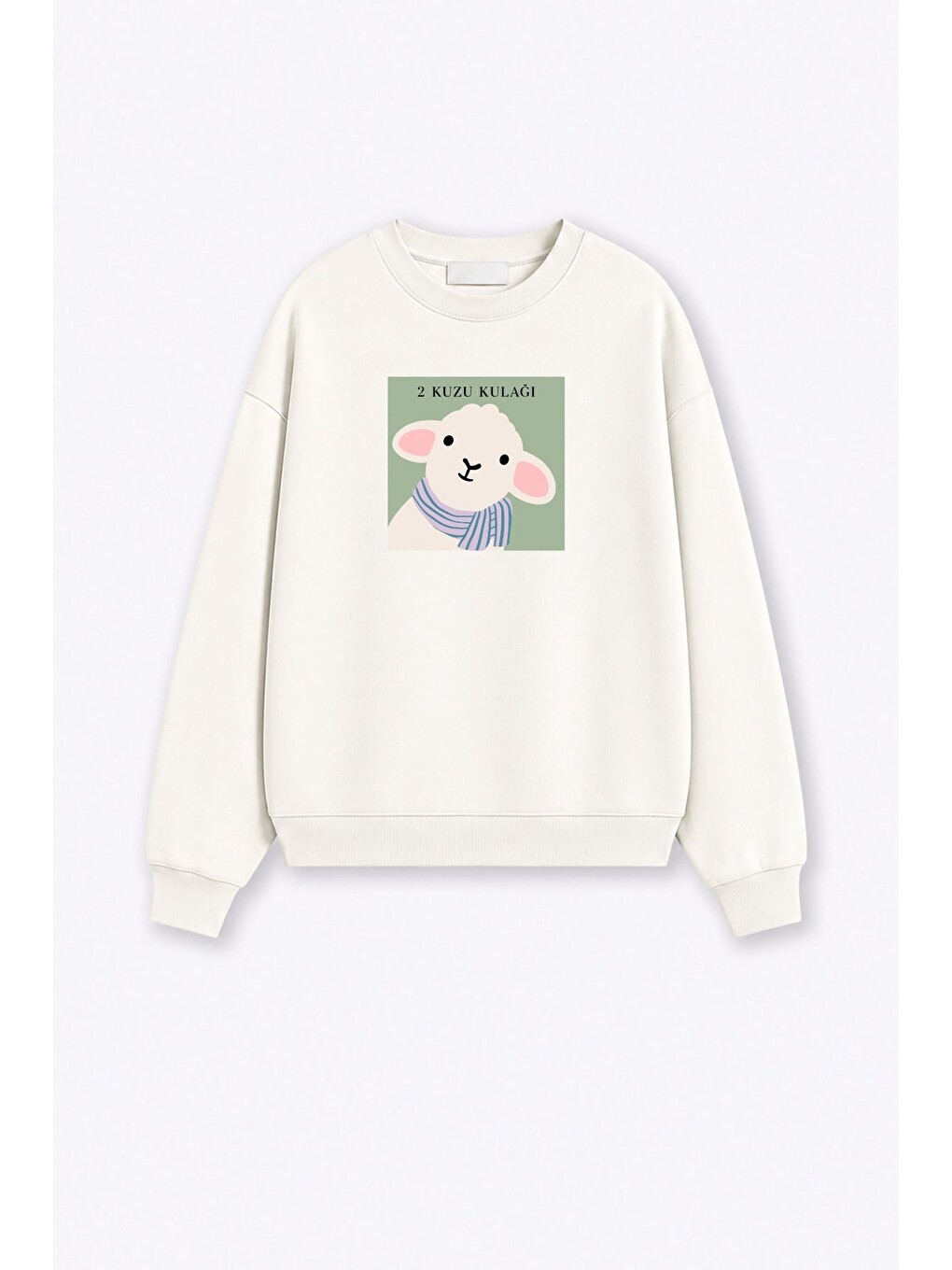 Ekru Kadın Premium Kumaş 3 İplik Şardonlu Kuzu Kulağı Baskılı Sweatshirt-1