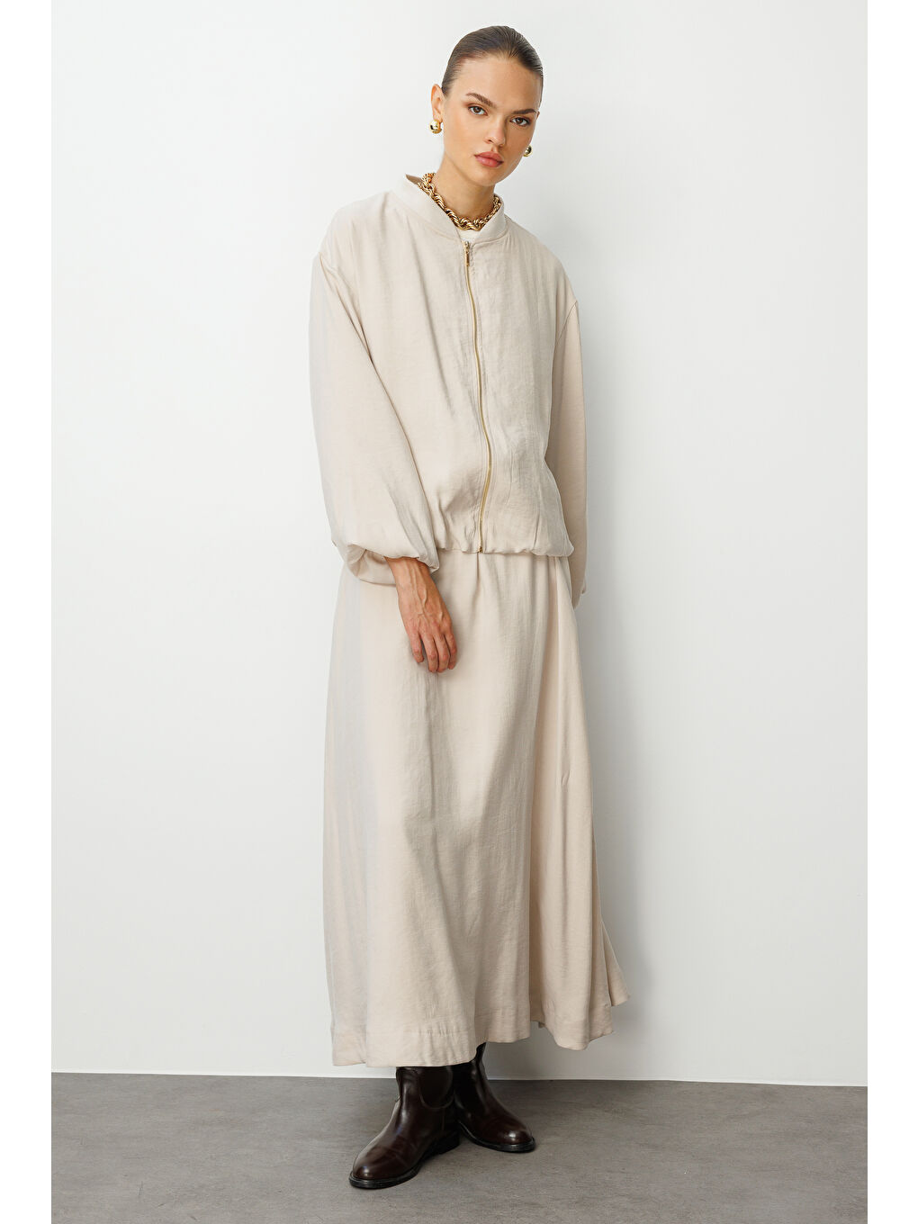 Bej Modal Karışımlı Taş Rengi Beli Lastikli Maksi Etek-2