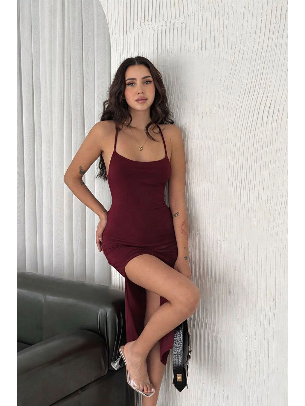 Kadın Bordo Uzun Sırt Dekolte Elbise 3708-4