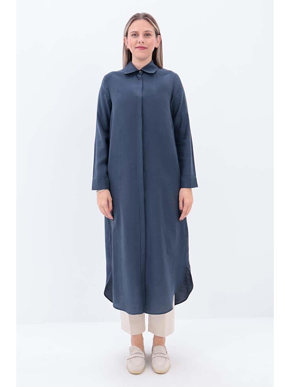 İndigo-Gizli Patlı Uzun Gömlek Tunik-1