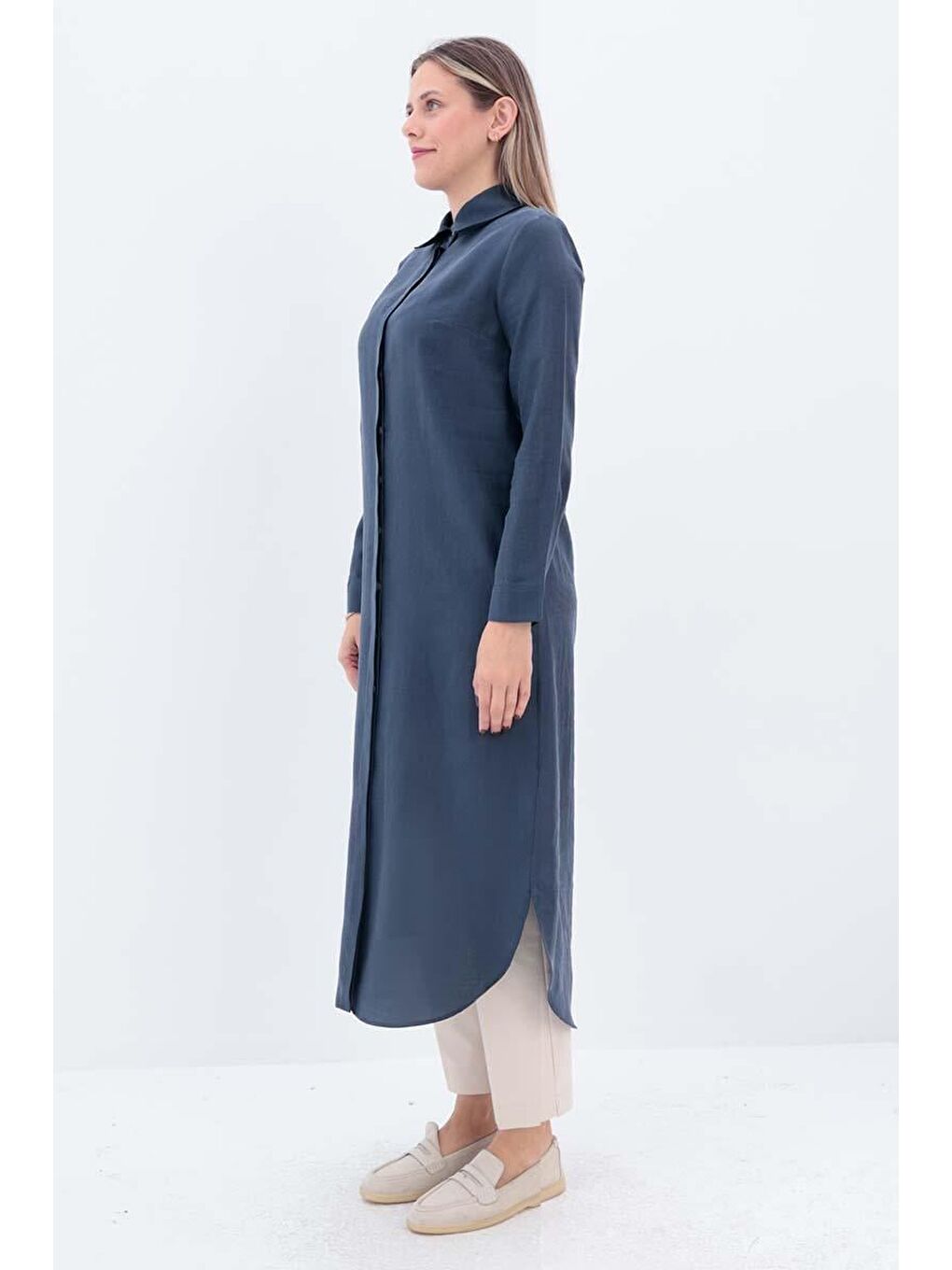 İndigo-Gizli Patlı Uzun Gömlek Tunik-2