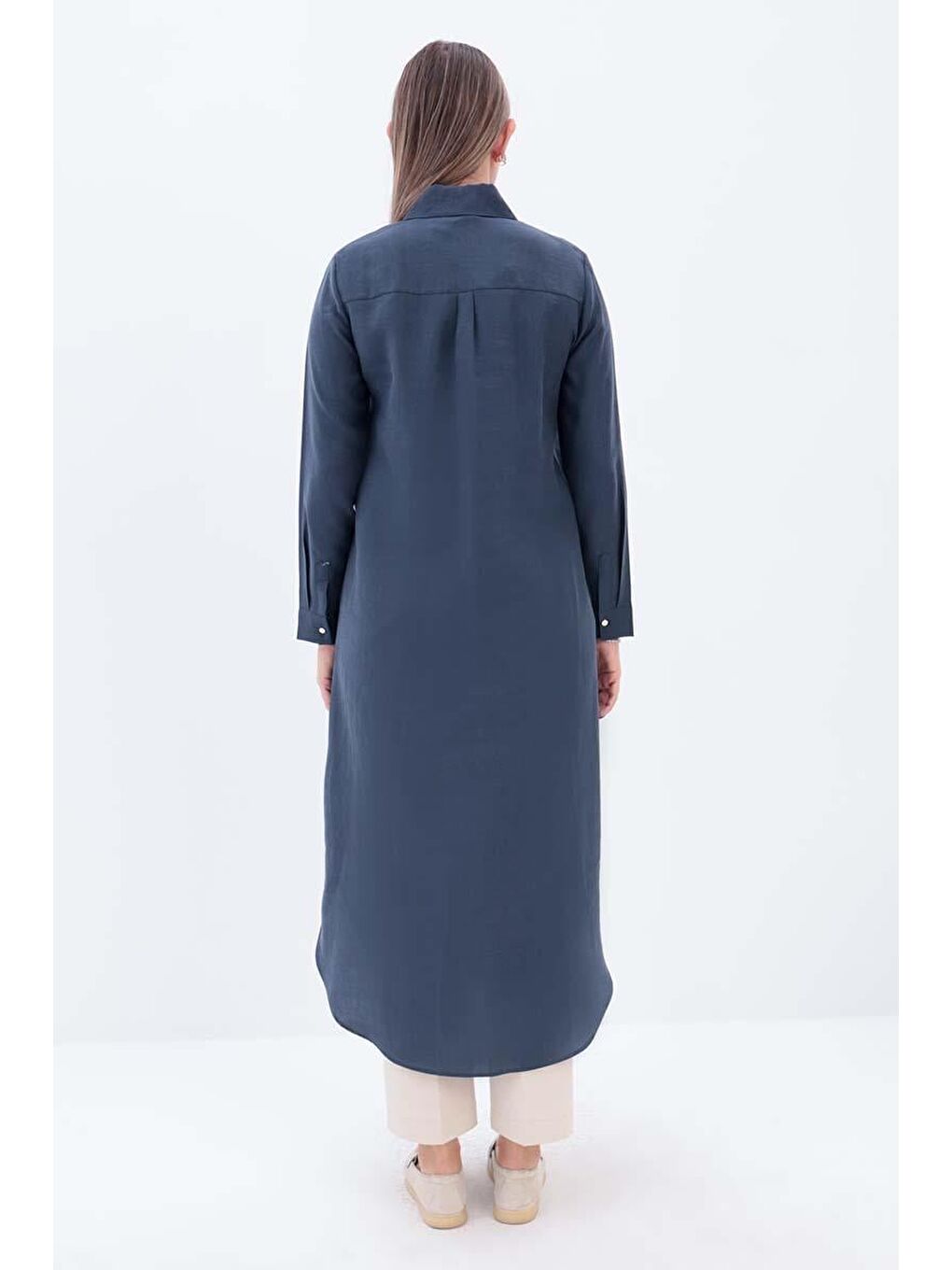 İndigo-Gizli Patlı Uzun Gömlek Tunik-3