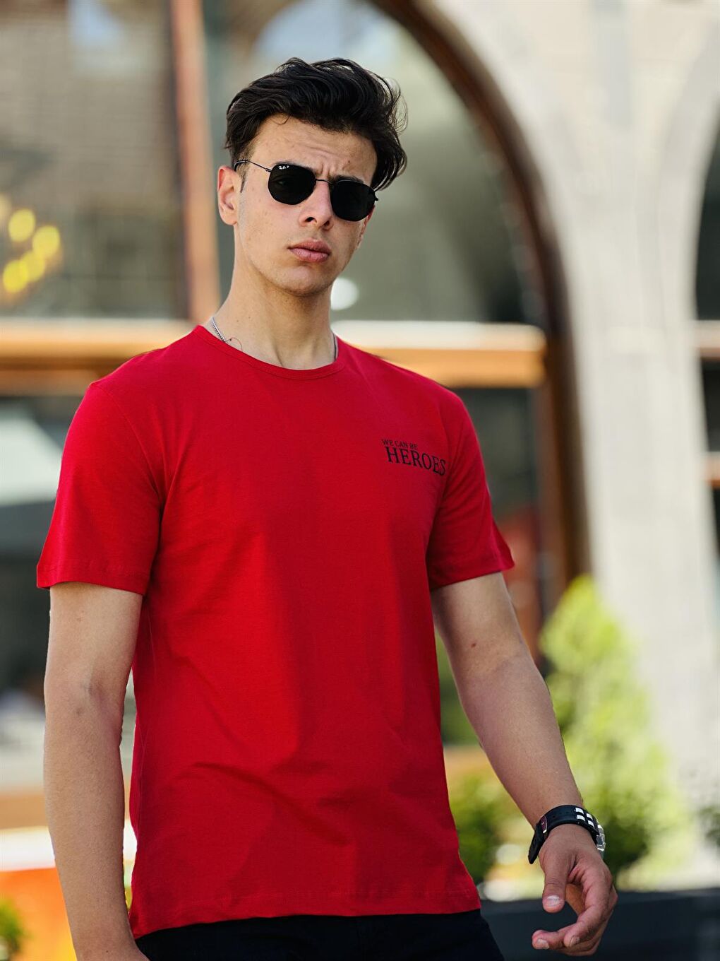 Sırt Baskı Detaylı Basic Kısa Kollu Tişört-Kırmızı-  2302