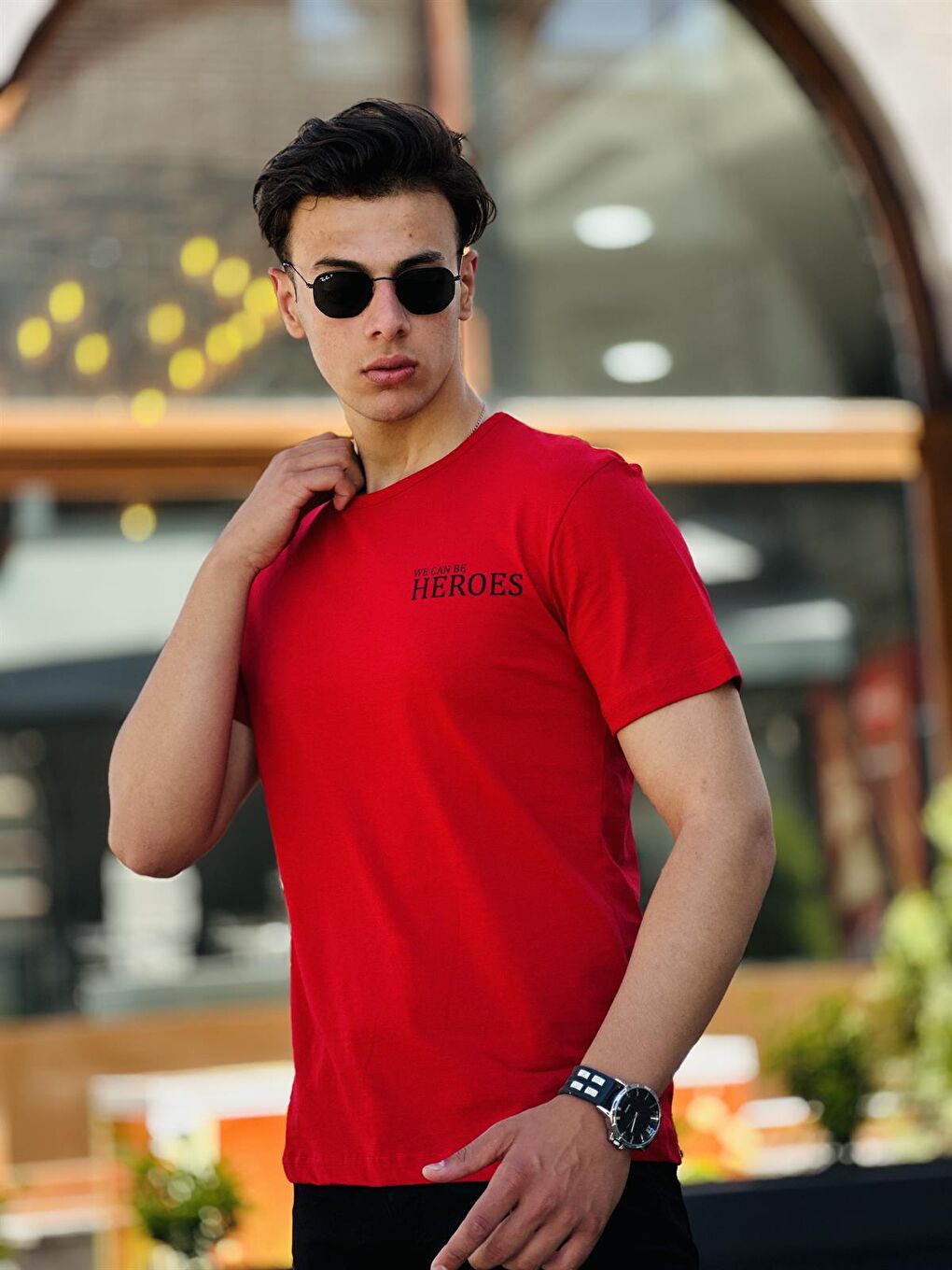 Sırt Baskı Detaylı Basic Kısa Kollu Tişört-Kırmızı-  2302-2