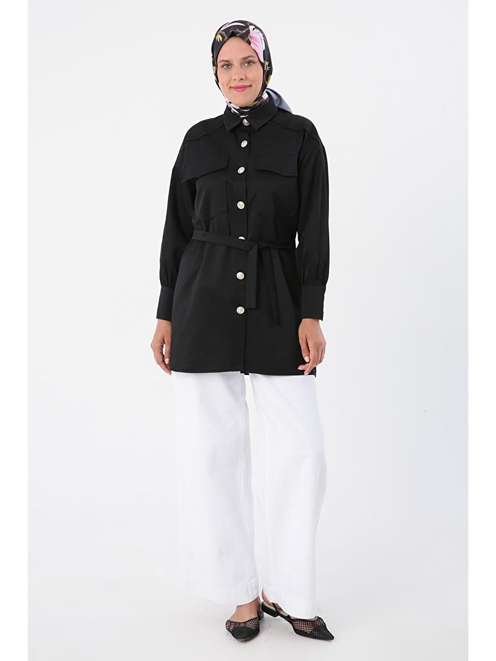 Siyah-Aplike Cepli Gömlek Tunik-1