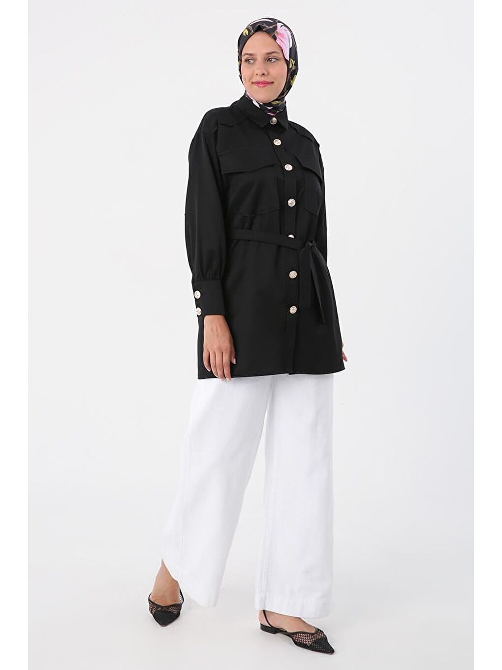 Siyah-Aplike Cepli Gömlek Tunik-2