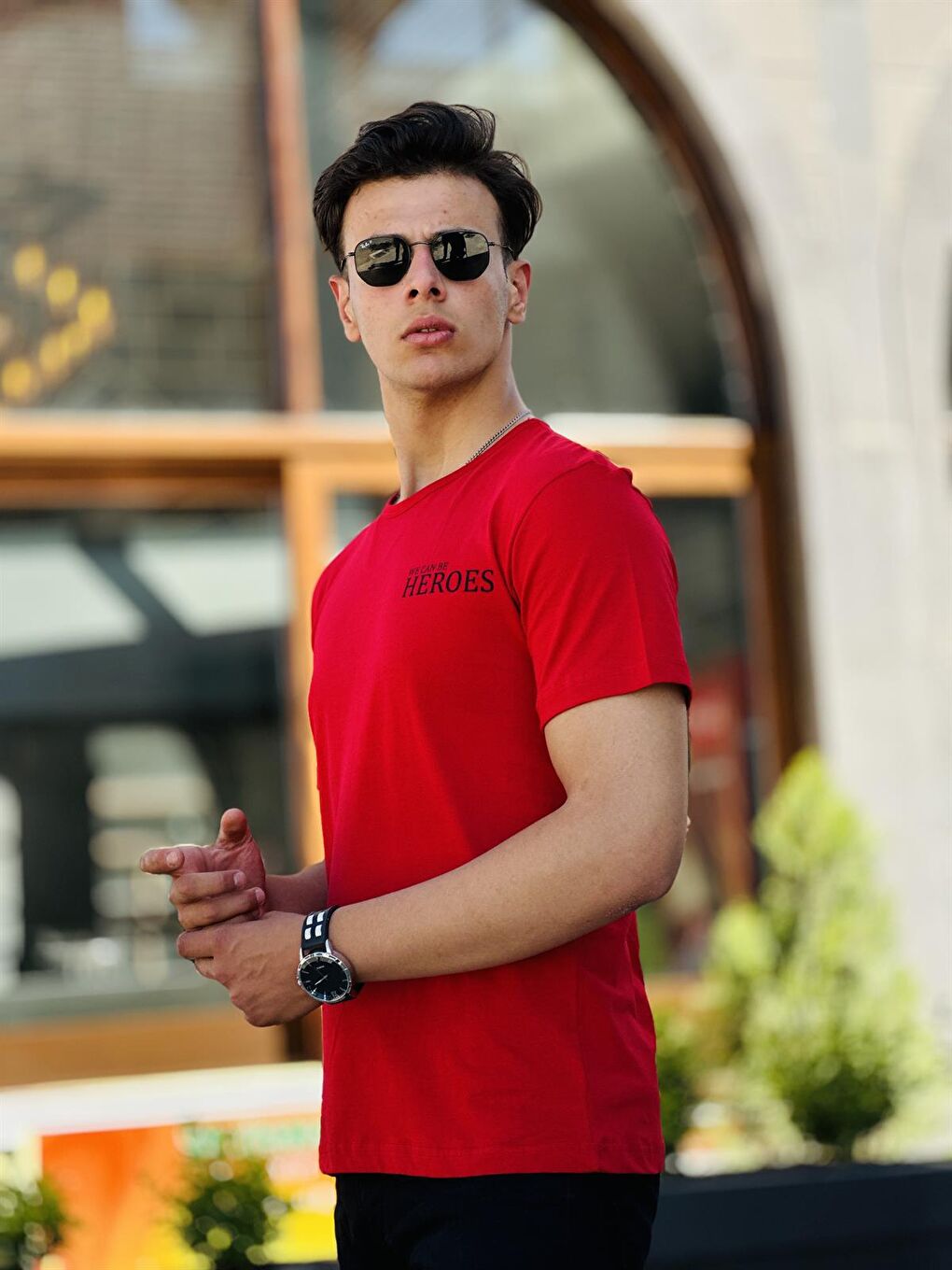 Sırt Baskı Detaylı Basic Kısa Kollu Tişört-Kırmızı-  2302-3